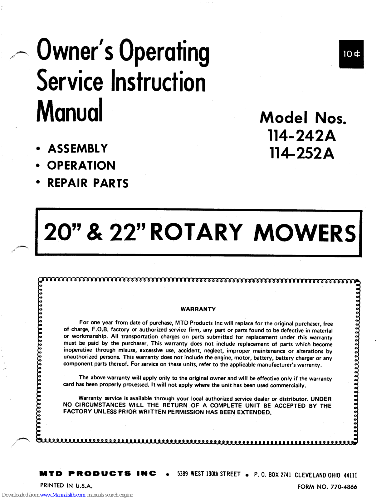 MTD 114-242A, 114-252A Owner's Operating Service Instruction Manual