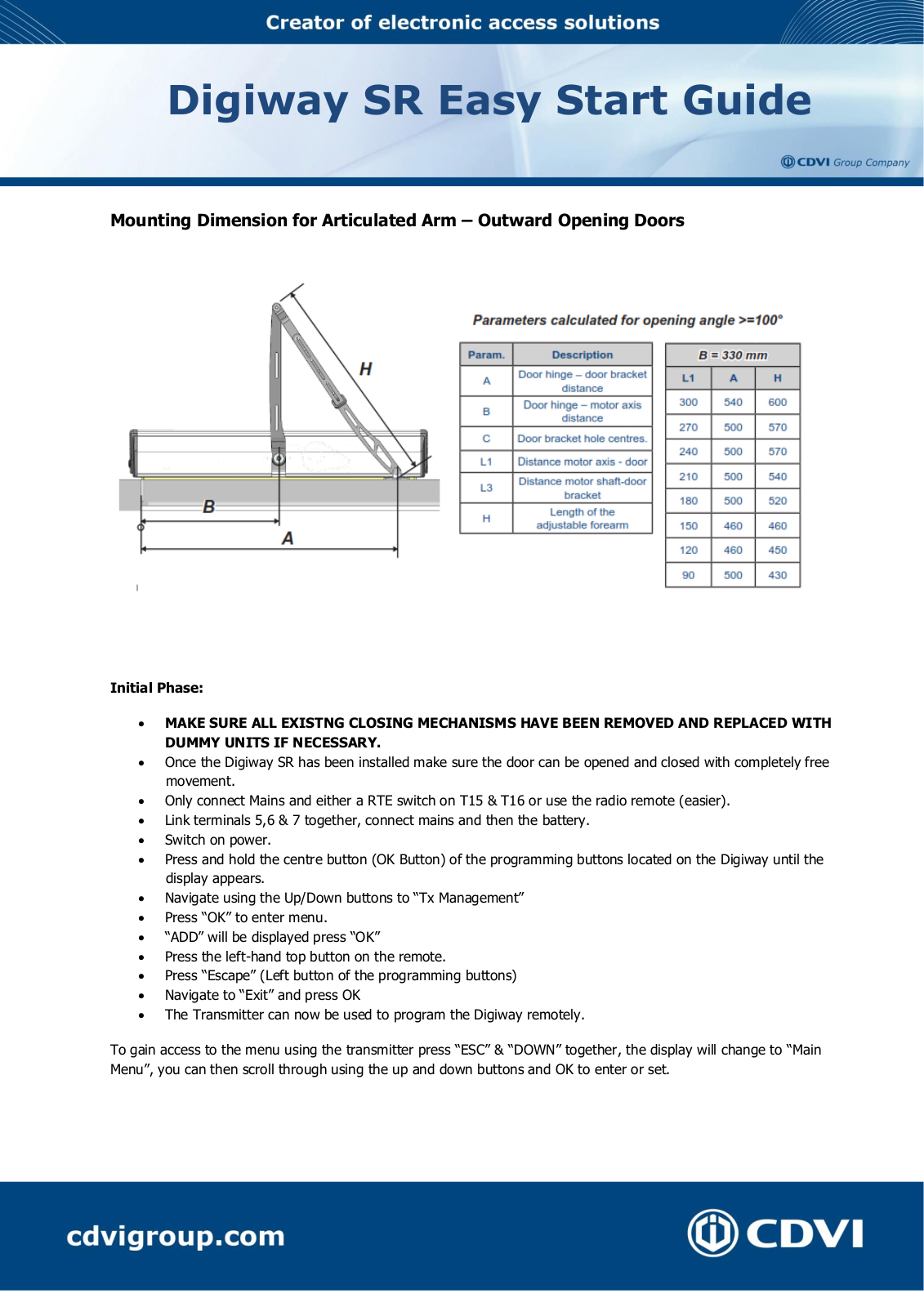 CDVI Digiway SR Easy Start Manual