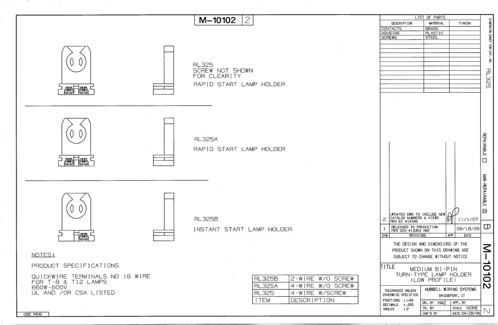 Hubbell RL325 Reference Drawing