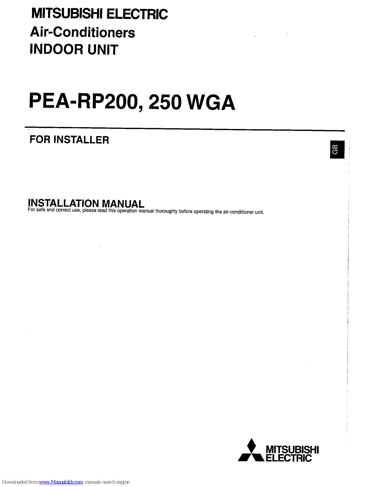 Mitsubishi PEA-RP200, PEA-RP200 WGA, PEA-RP250 WGA Installation Manual