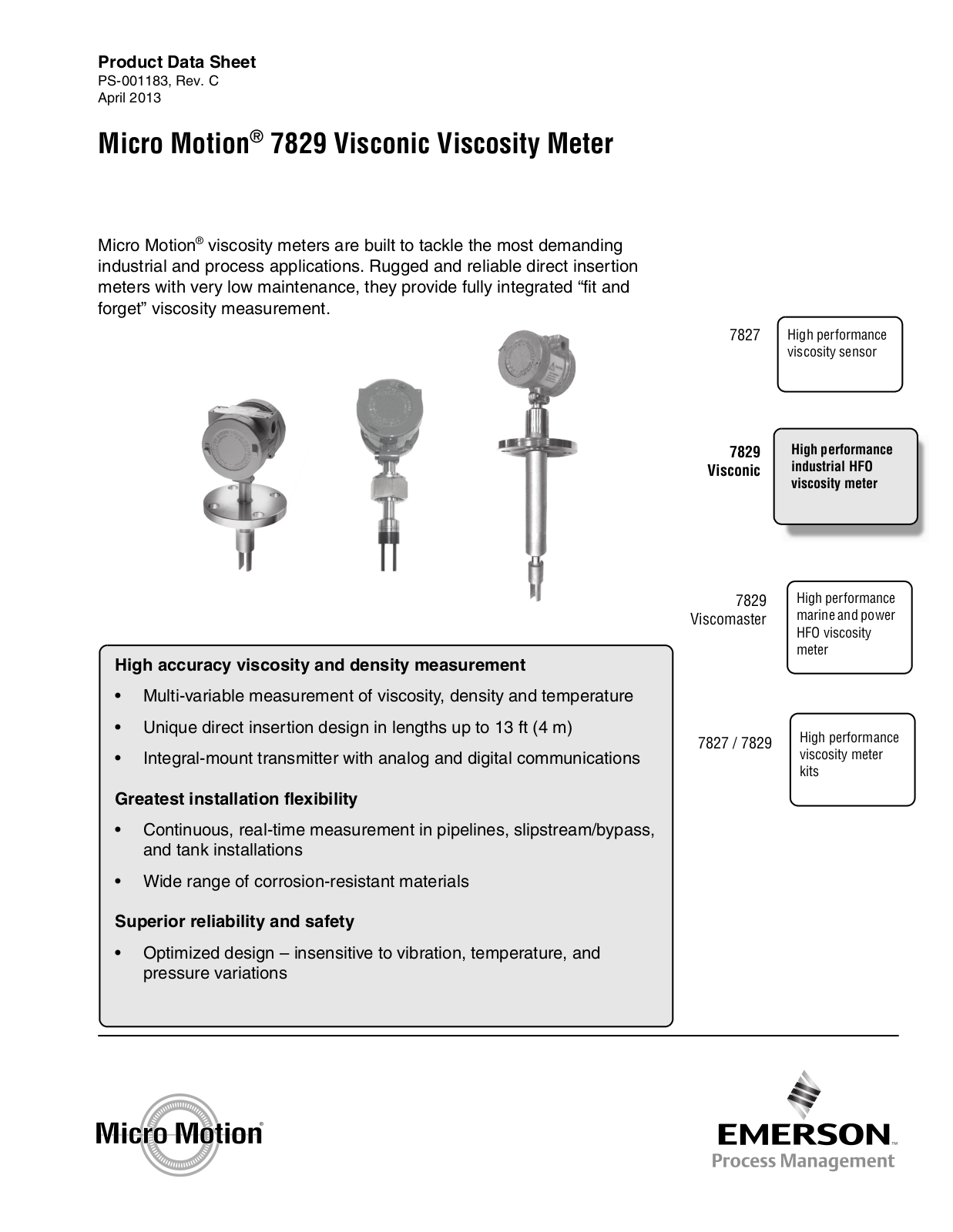 Emerson Micro Motion 7829 Visconic Series, 7829ADAAAEBABA Product Data Sheet