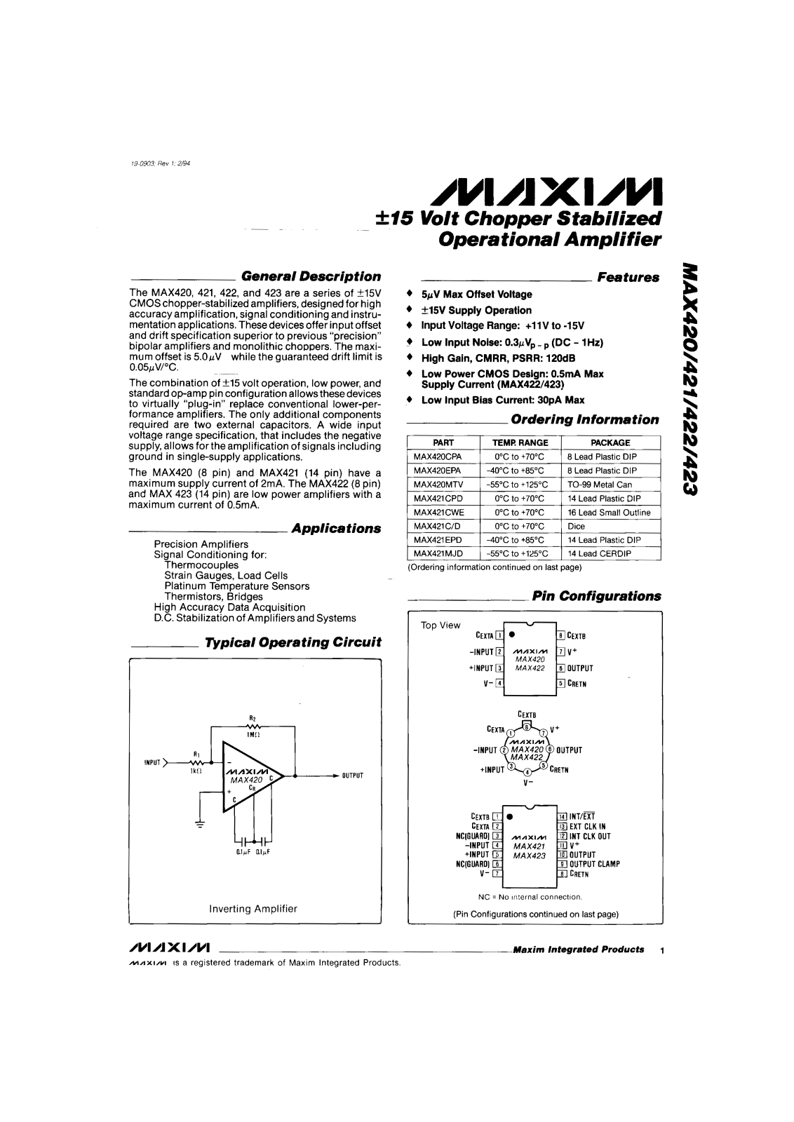 Maxim MAX422EPA, MAX422CPA, MAX423MJD, MAX423M-D, MAX423EPD Datasheet