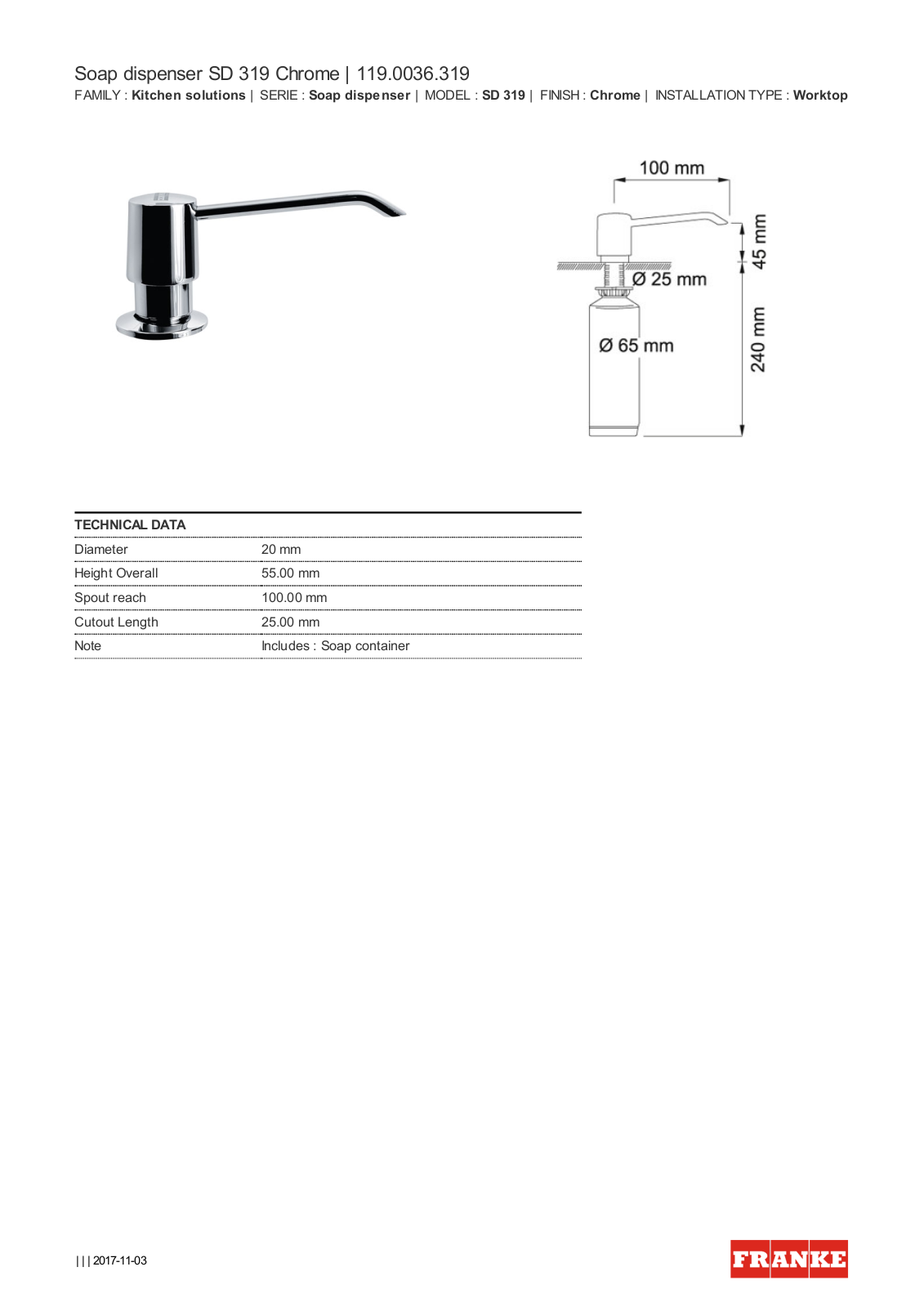 Franke SD319 Specifications Sheet