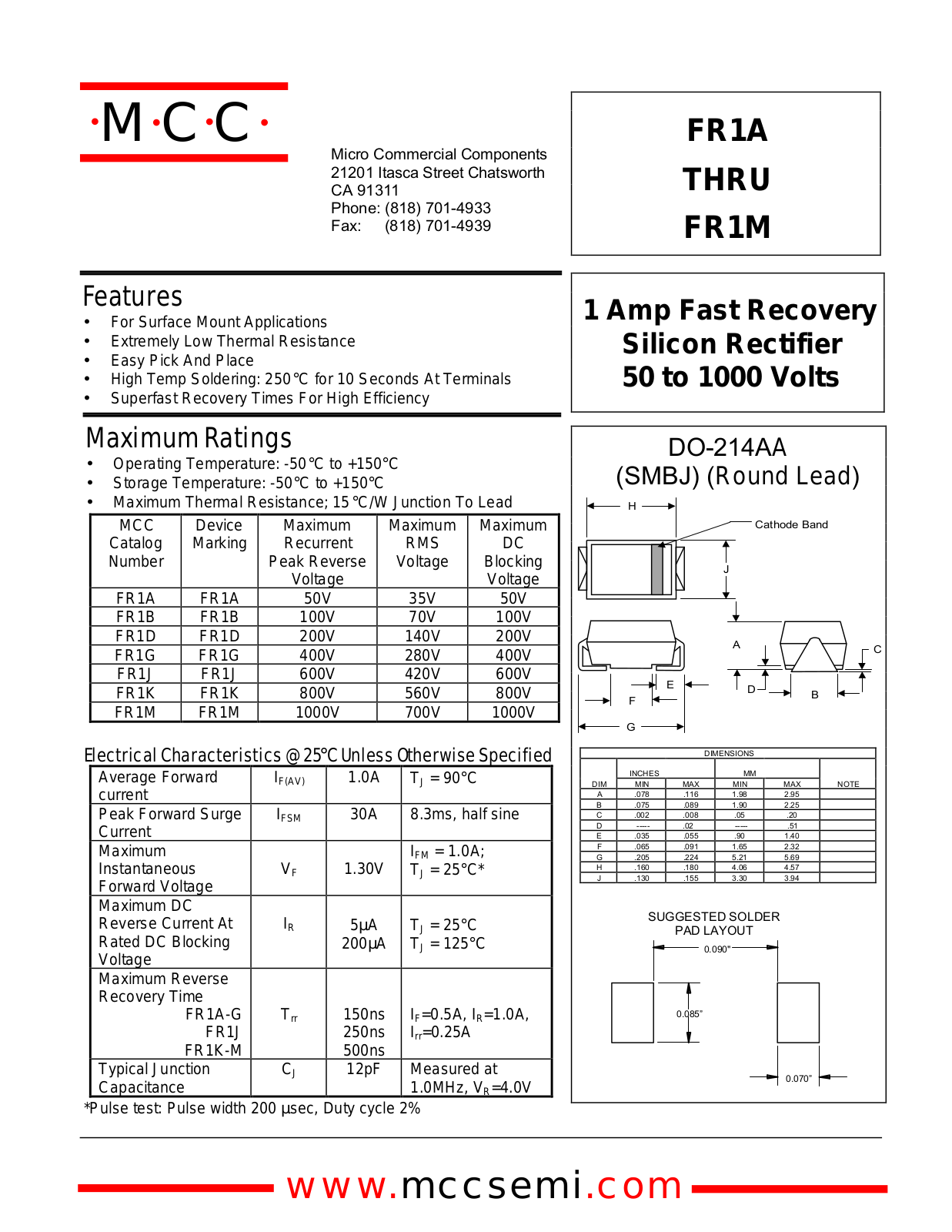 MCC FR1M, FR1D, FR1J, FR1G, FR1B Datasheet