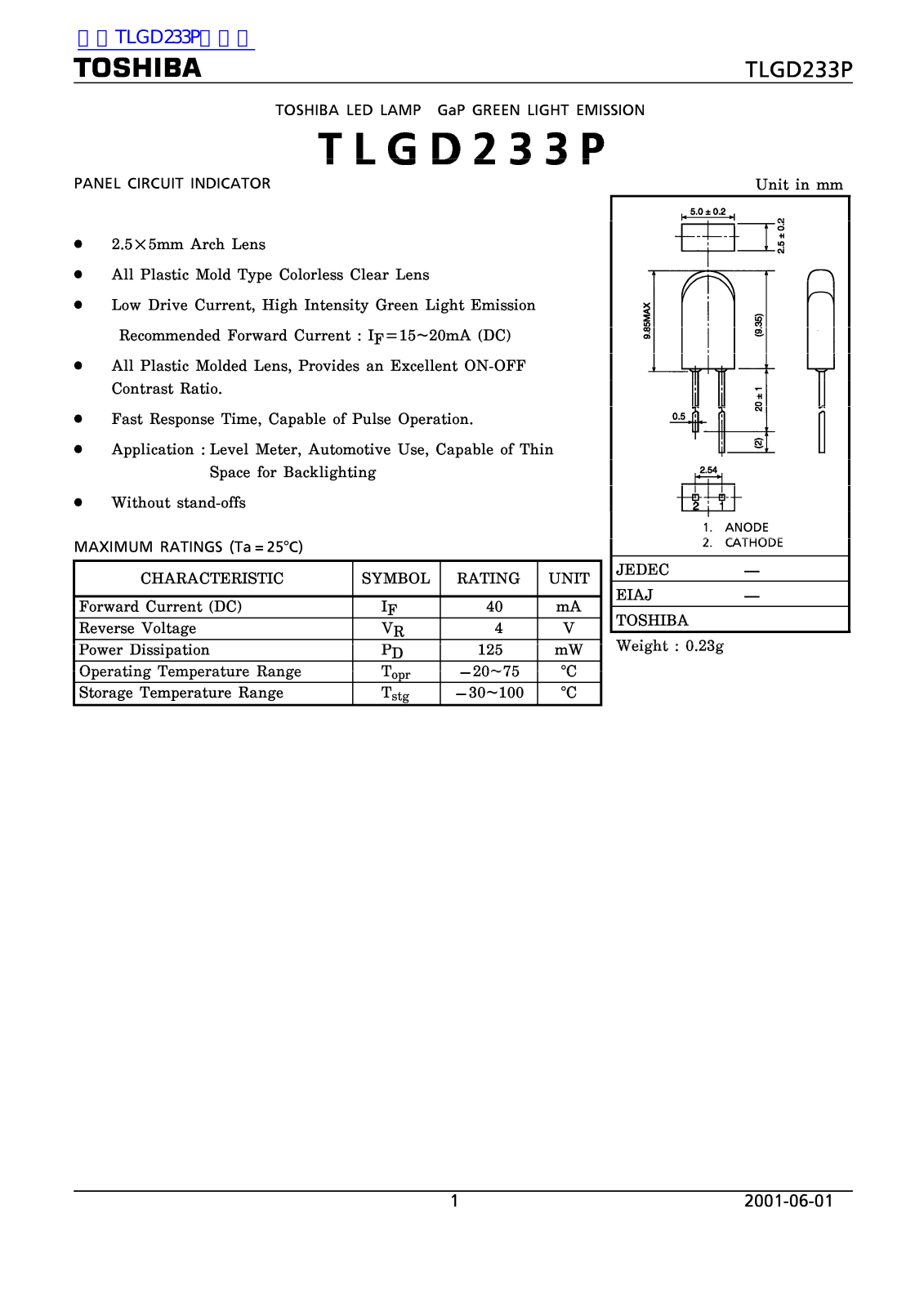 TOSHIBA TLGD233P Technical data