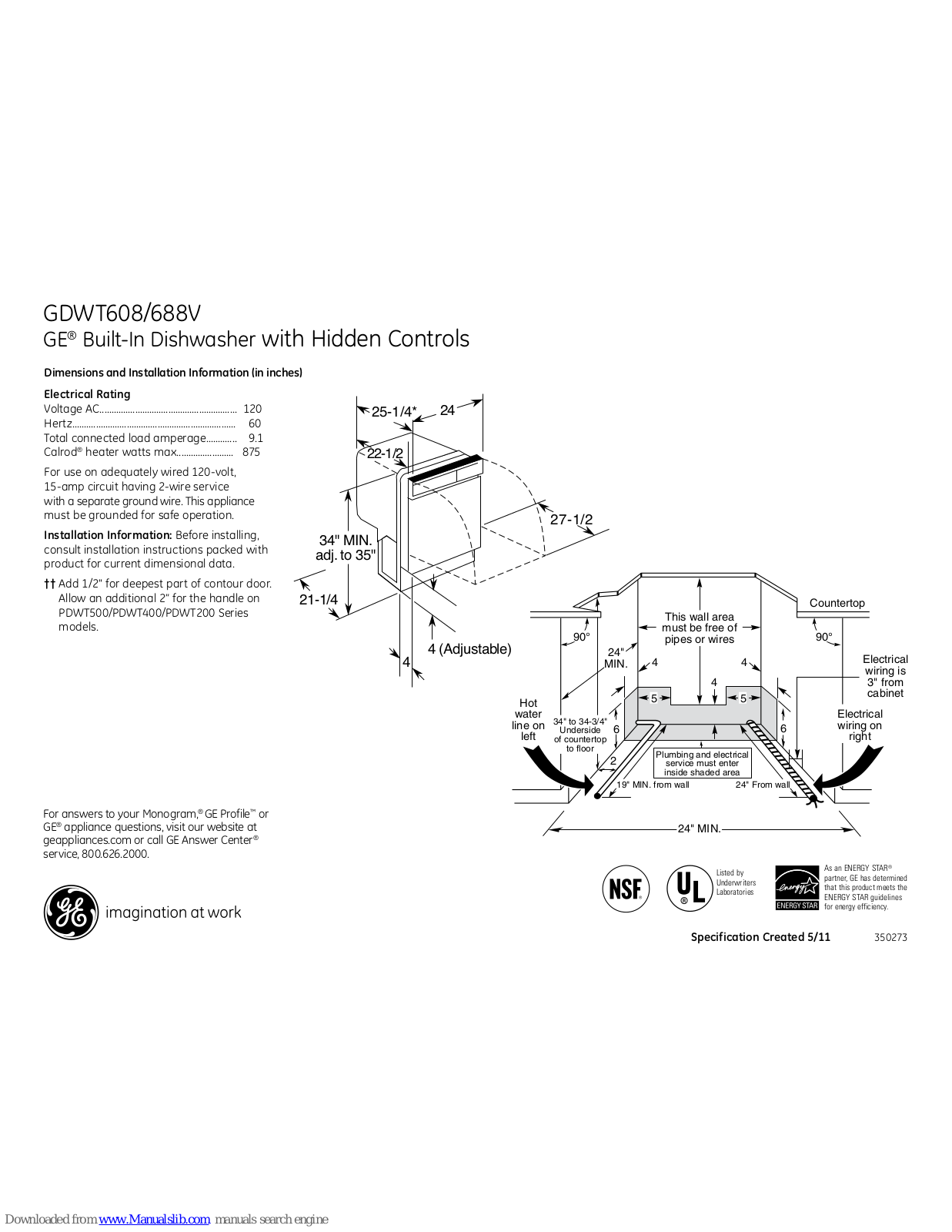 GE GDWT608V, GDWT668VSS, GDWT668V Dimensions And Installation Information