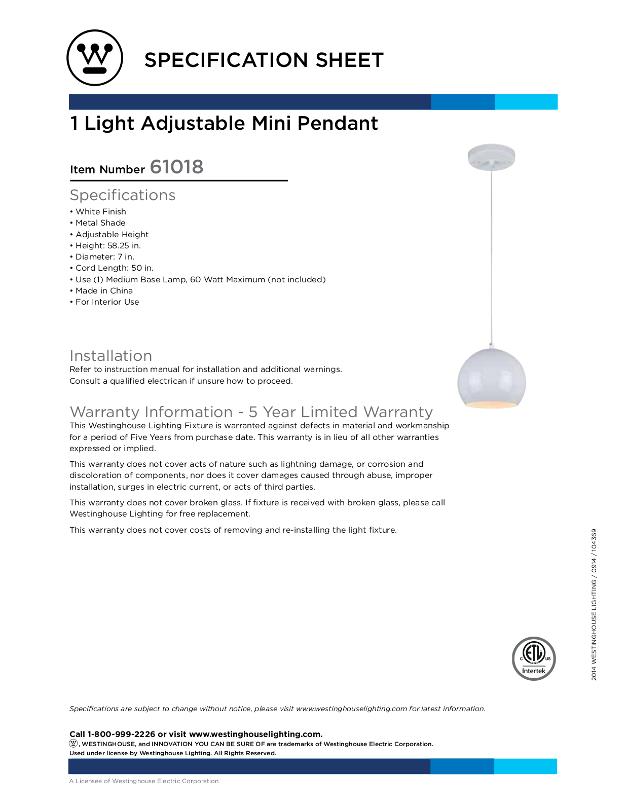 Westinghouse 6101800 Specification