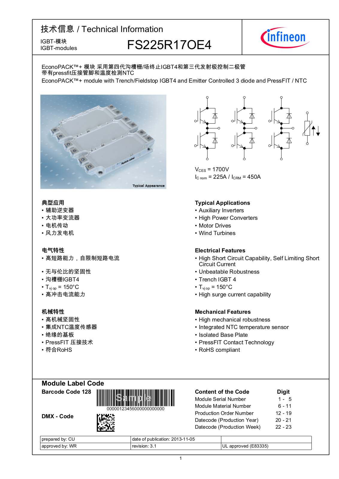 Infineon FS225R17OE4 Data Sheet