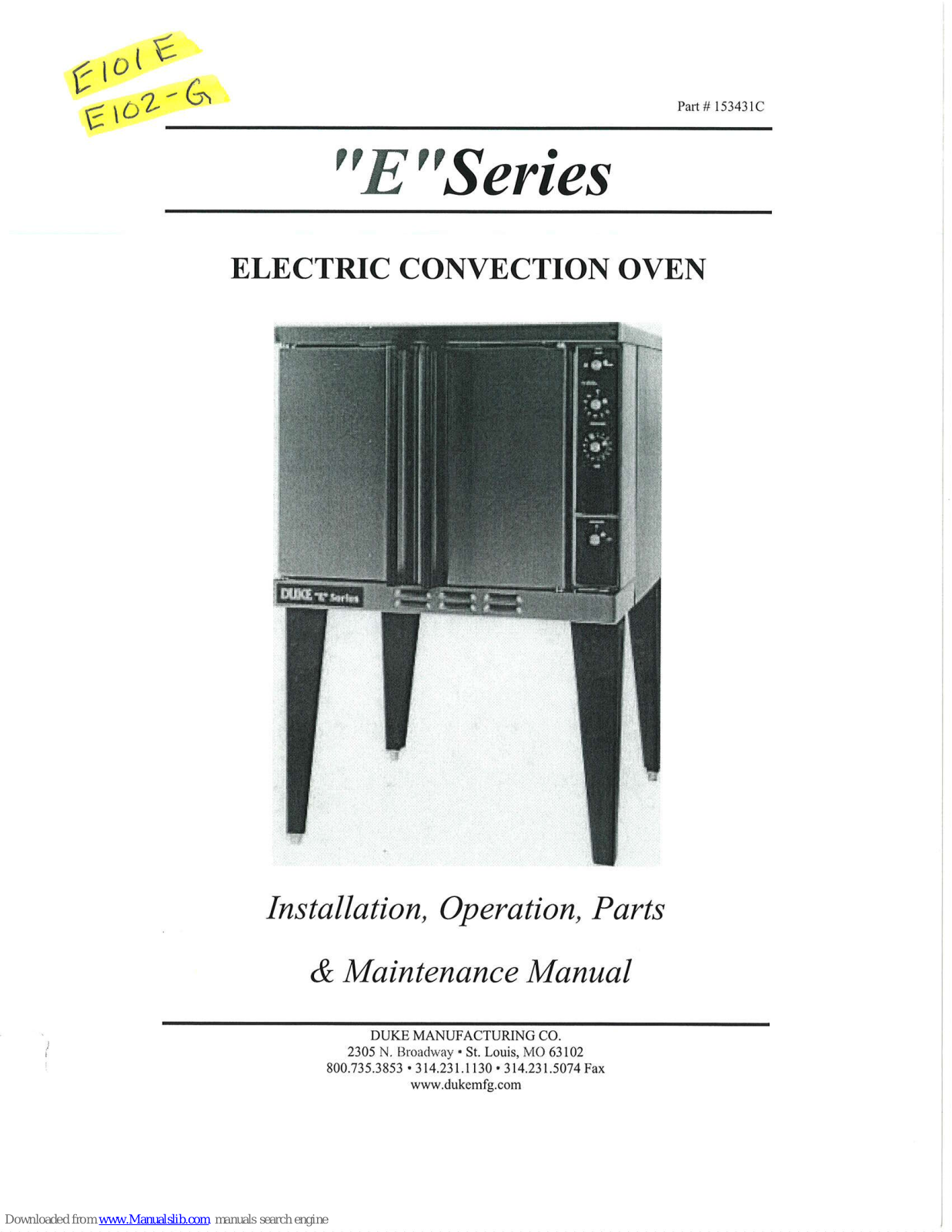 Duke E101E, E102-G Installation, Operation, Parts & Maintenance Manual