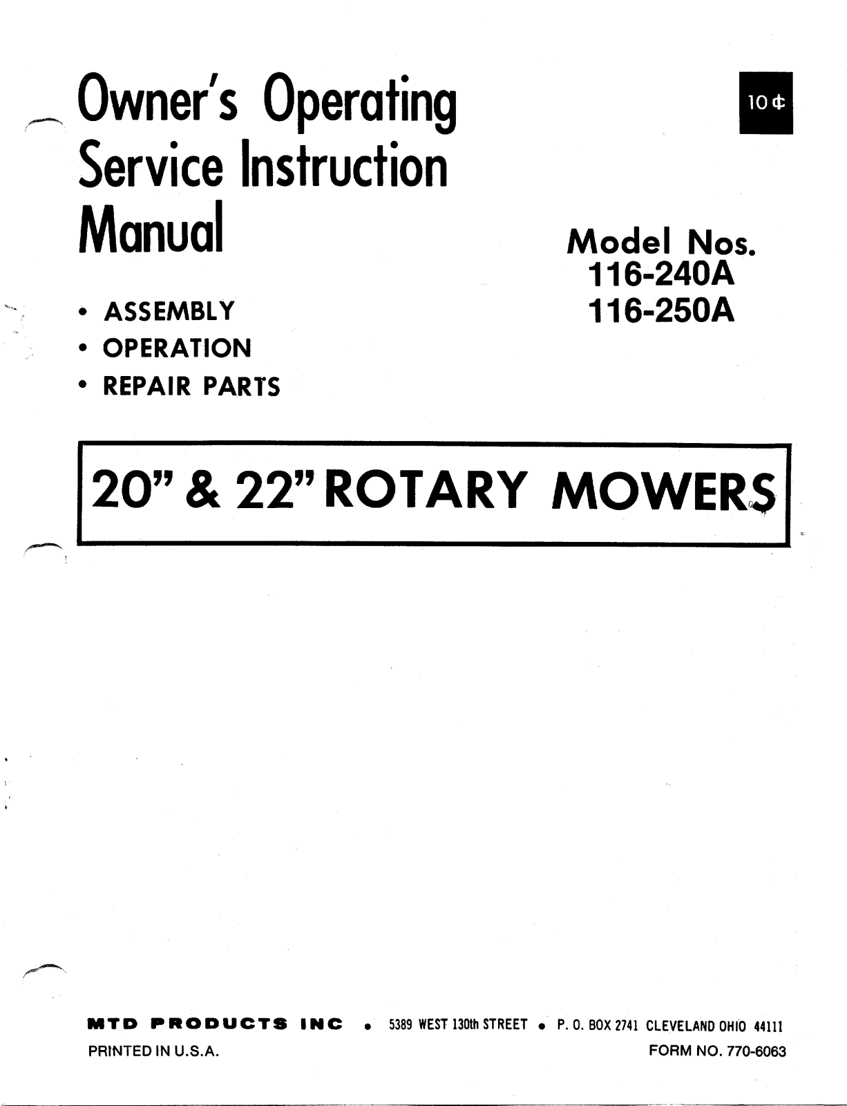 MTD 116-240A, 116-250A User Manual