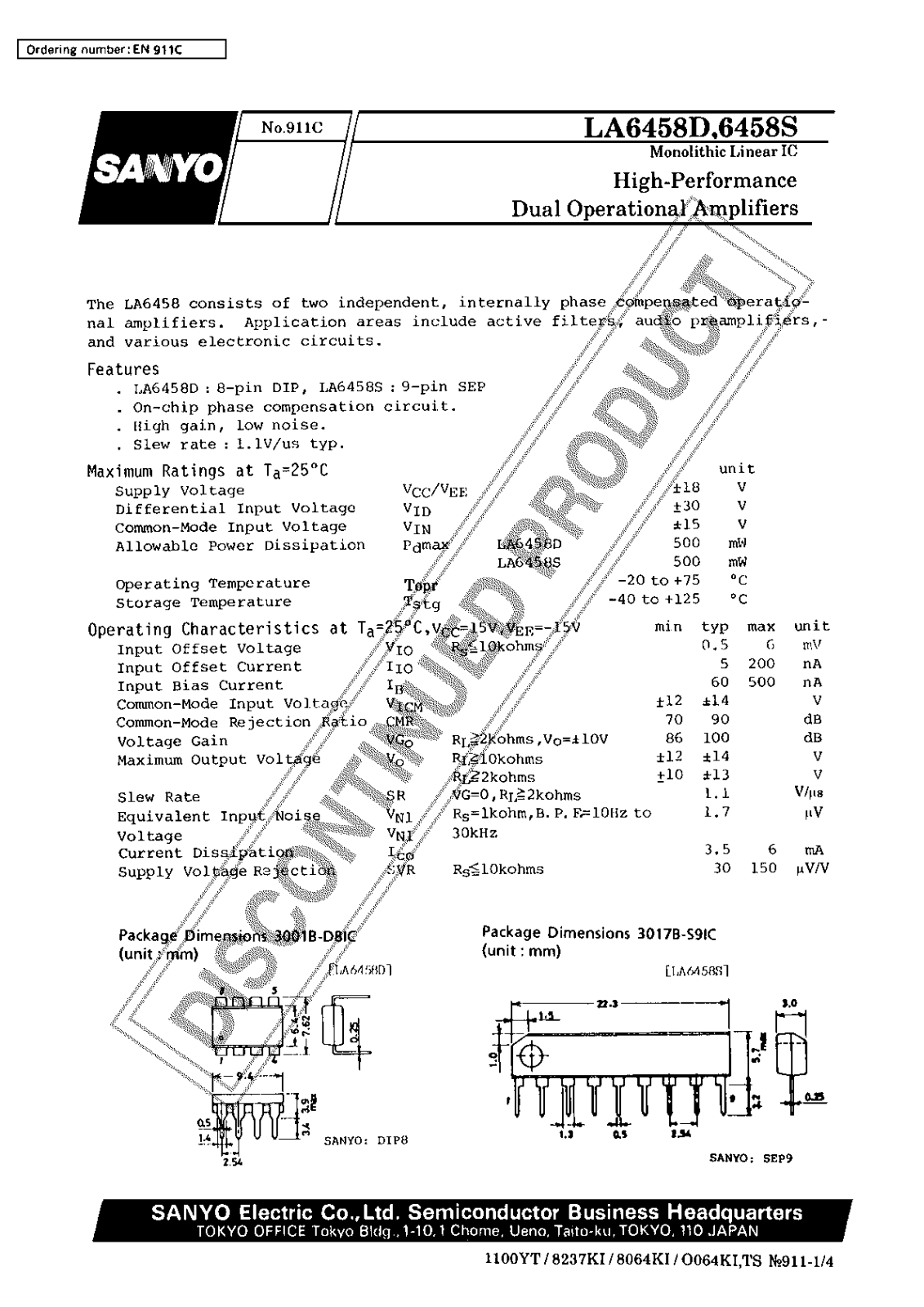 Sanyo LA6458D Specifications