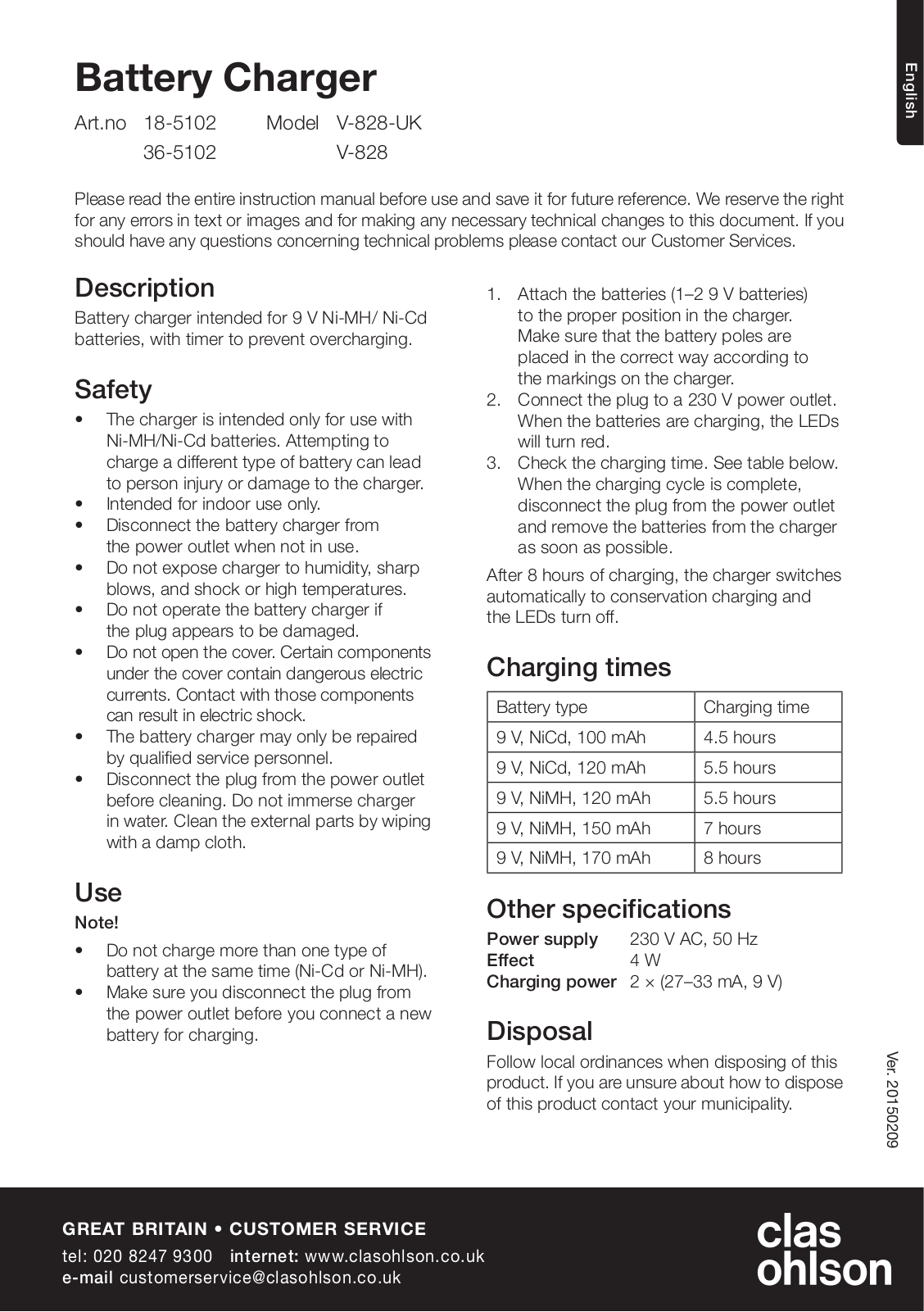 Clas Ohlson V-828-UK, V-828 User Manual