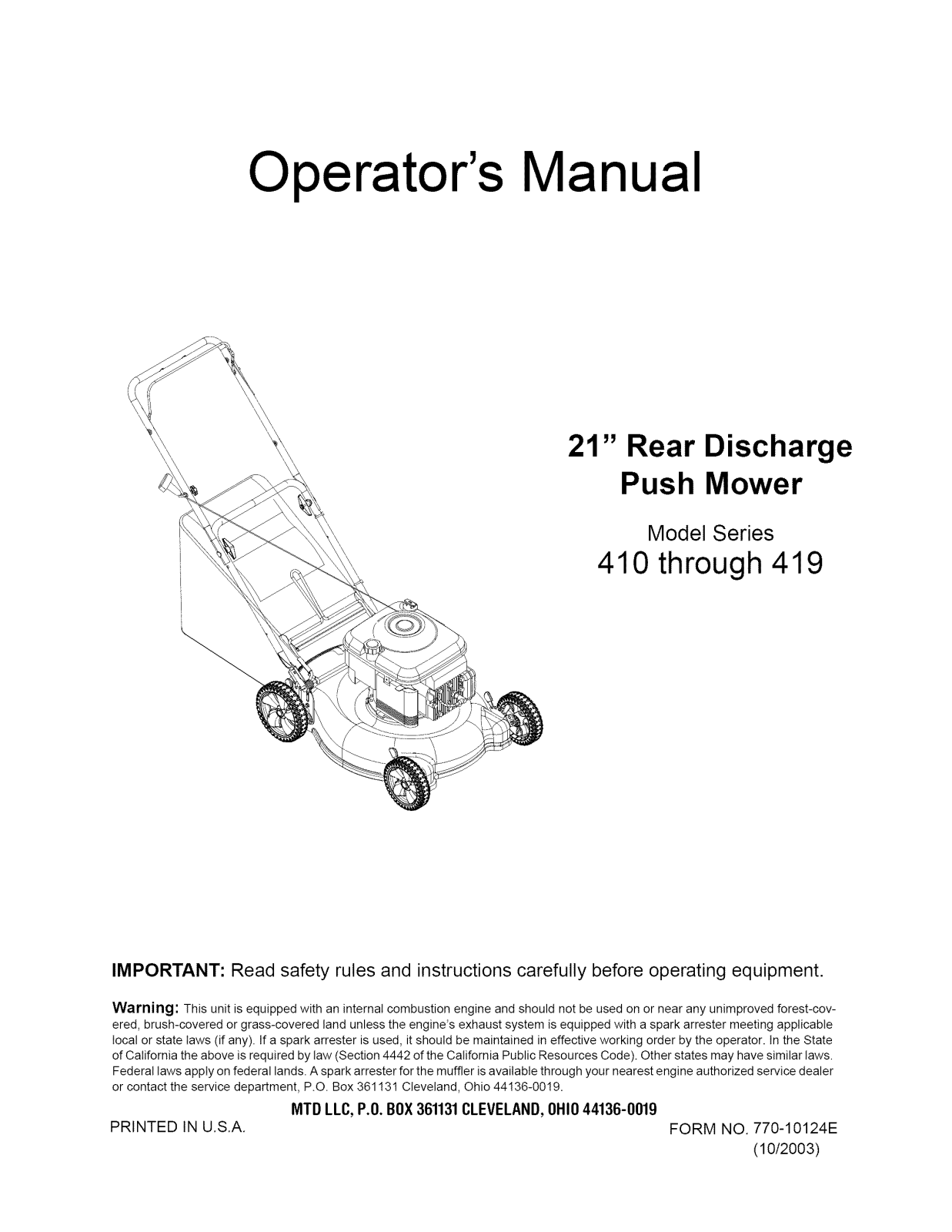MTD 11A-414E765 Owner’s Manual
