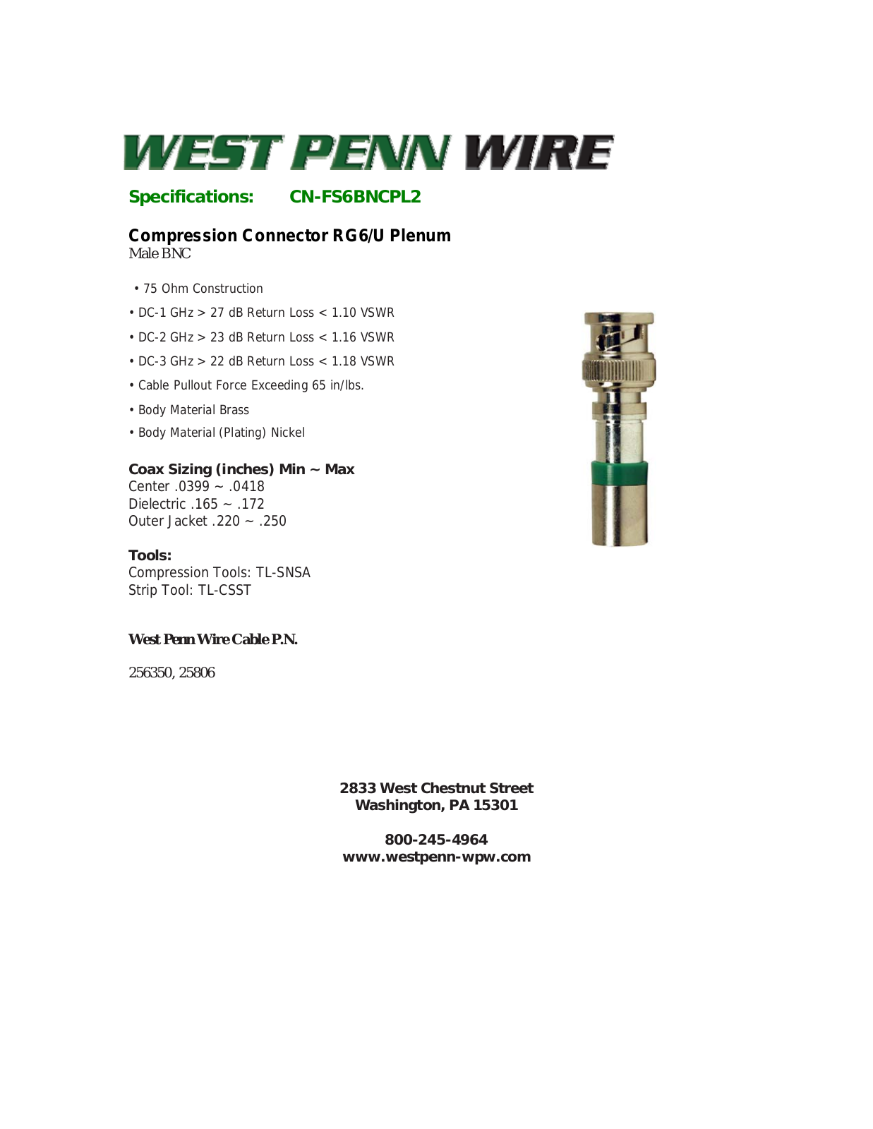 West Penn CN-FS6BNCPL2 Specsheet