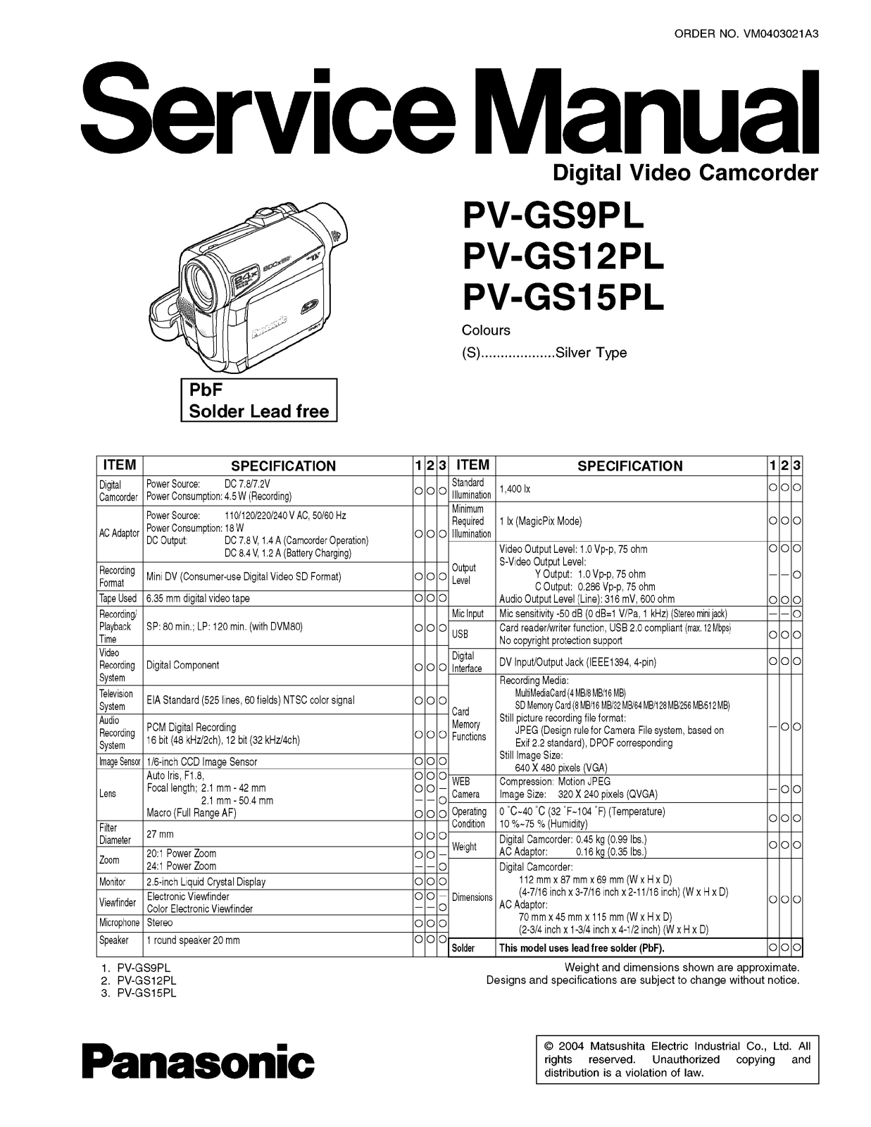 Panasonic PVGS12PL Service Manual