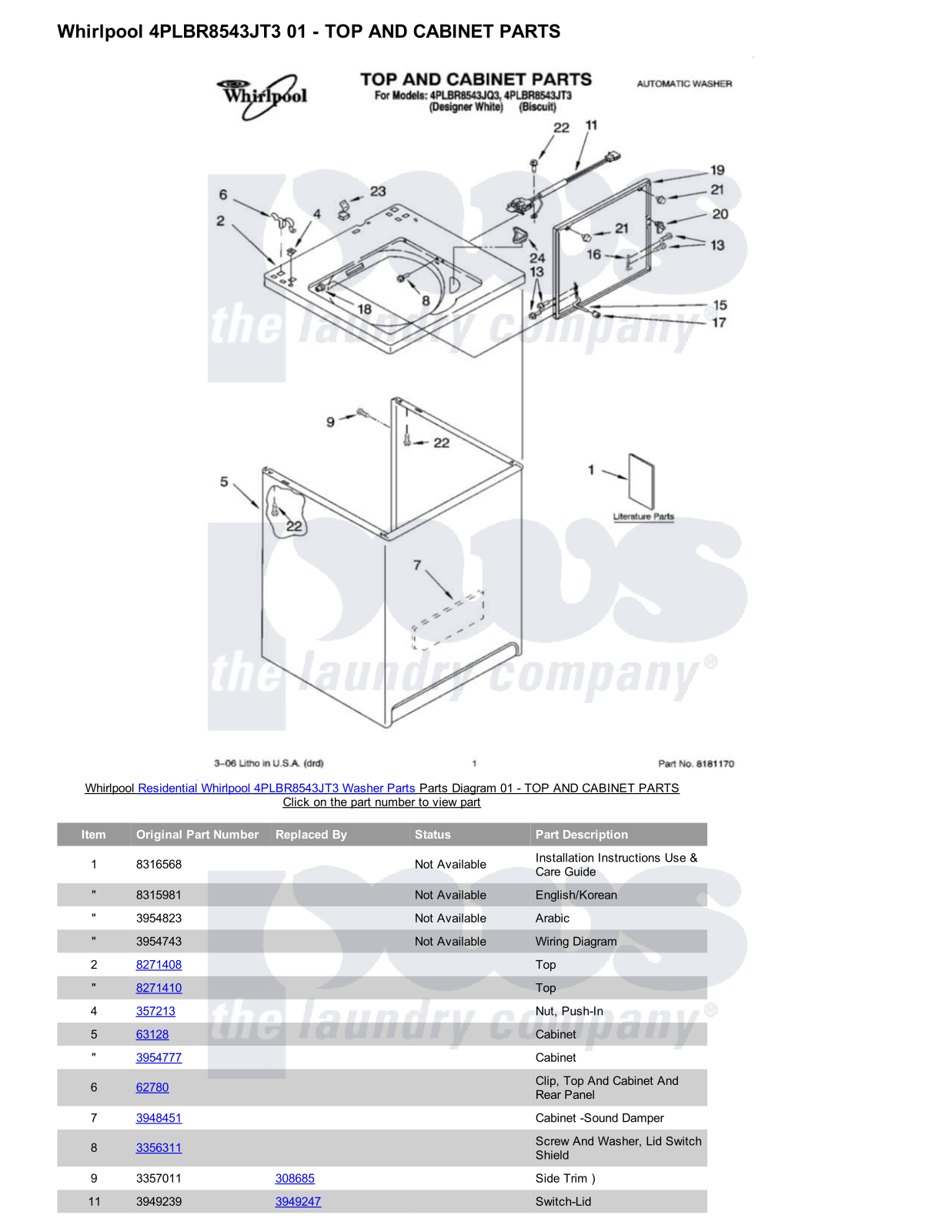 Whirlpool 4PLBR8543JT3 Parts Diagram