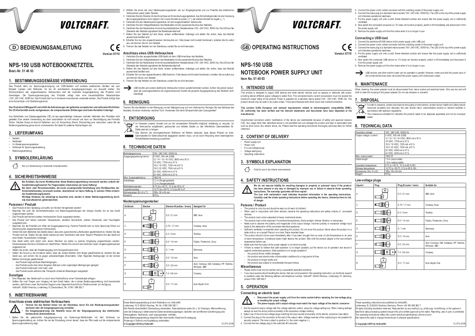 VOLTCRAFT NPS-150 USB Operating Instructions