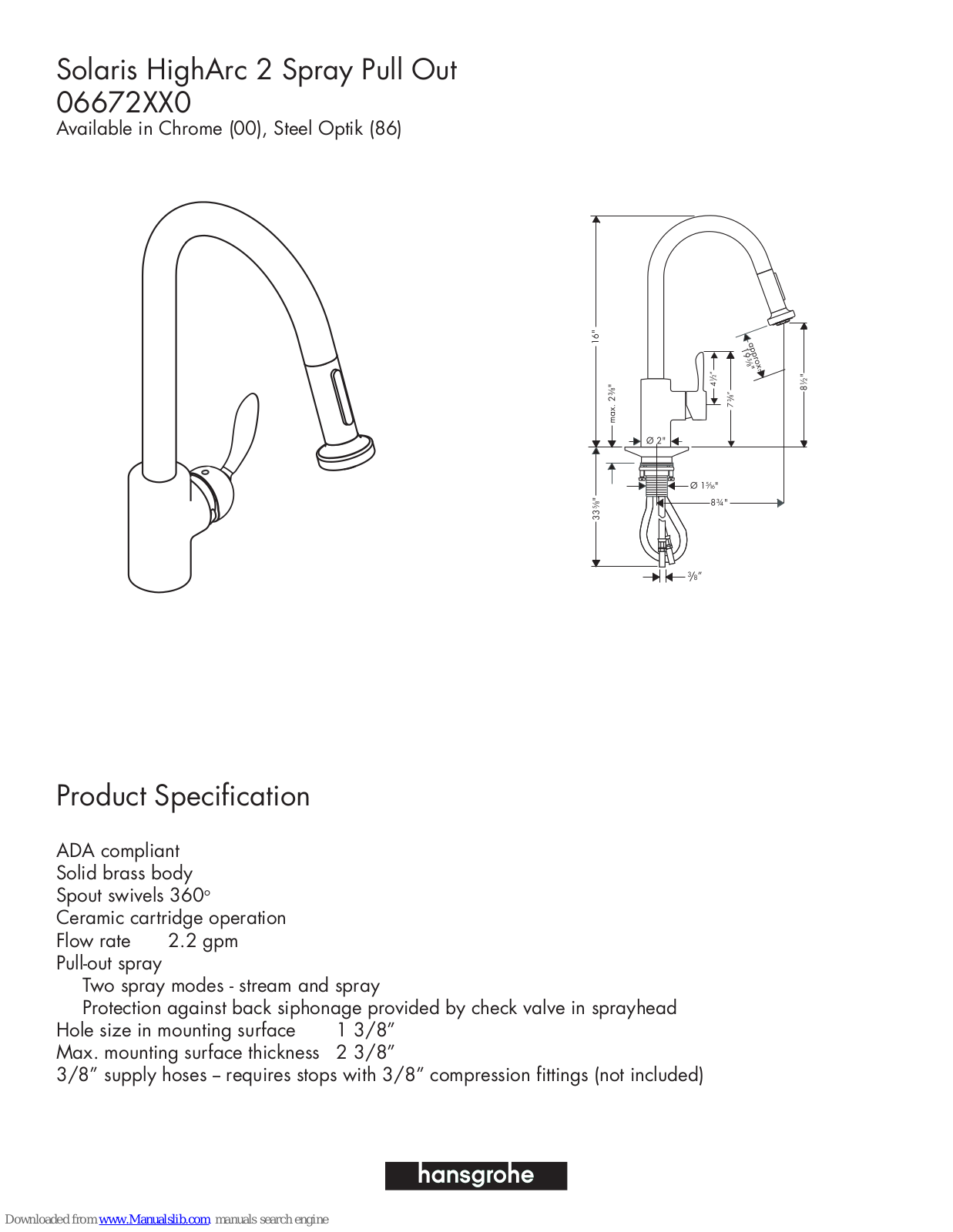 Hansgrohe 06672000, 06672860 Product Specification