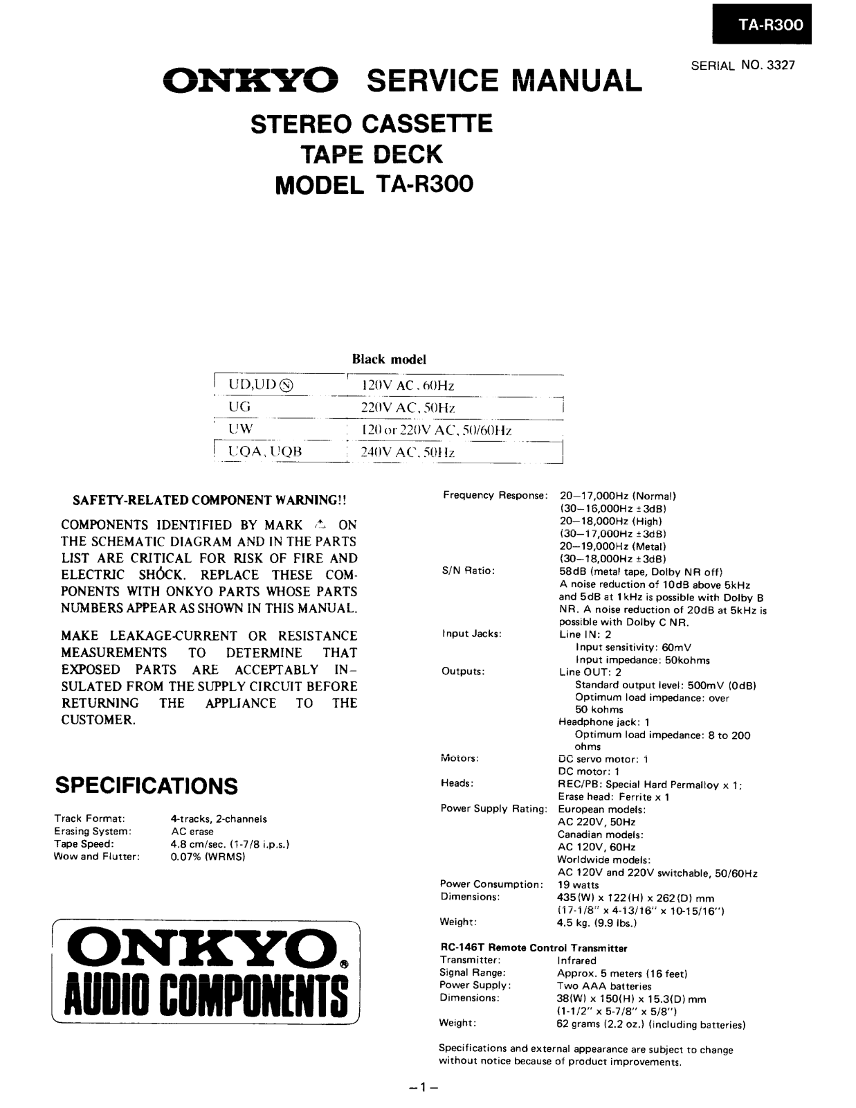 Onkyo TAR-300 Service manual