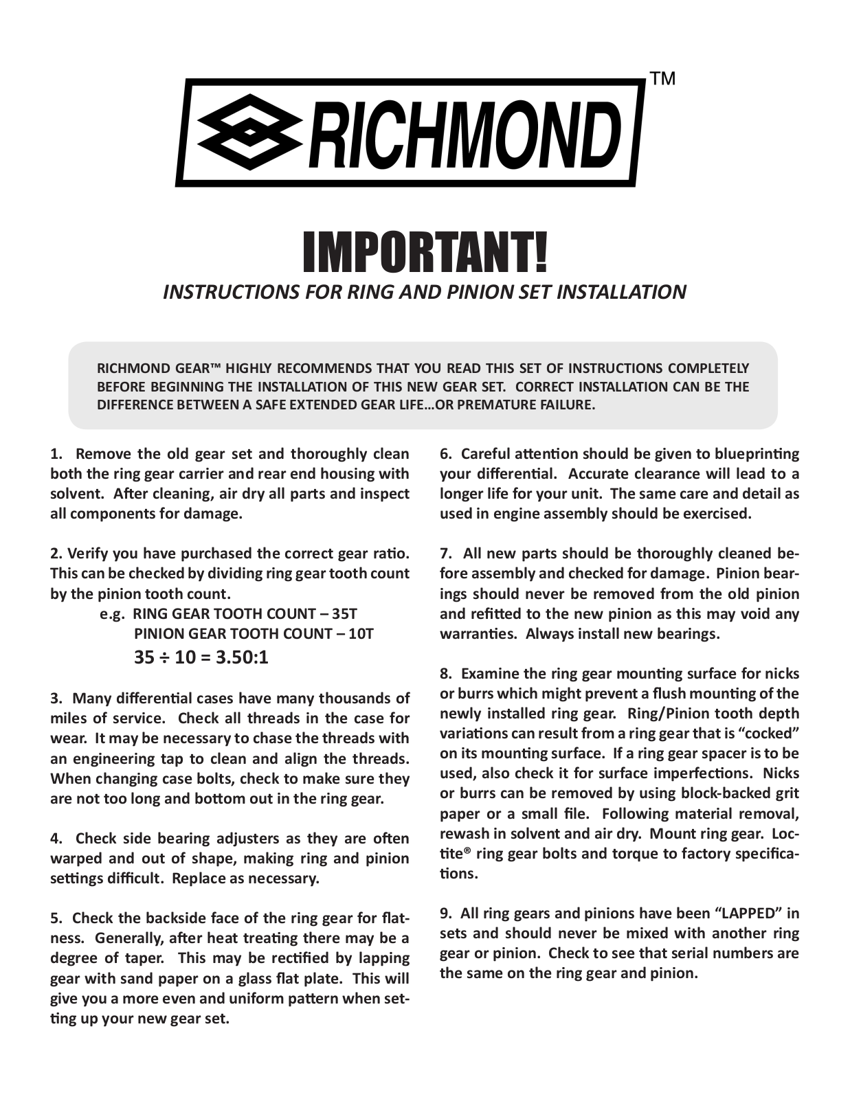 Powertrax RING AND PINION SET User Manual