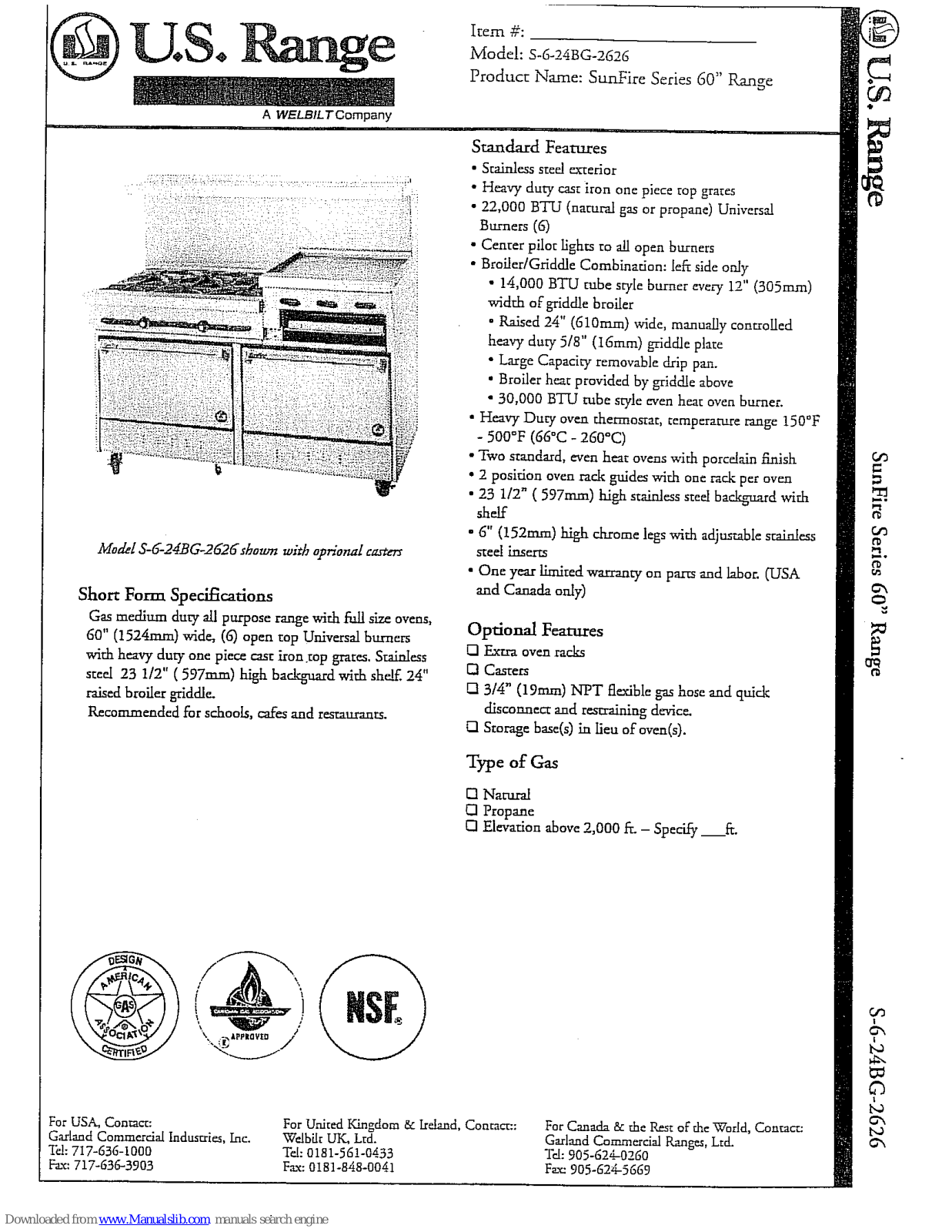U.S. Range 5-6-24BG-2626, SunFire S-6-24BG-2626, SunFire S-6-24BG-26 Specifications - ManualMachine.com