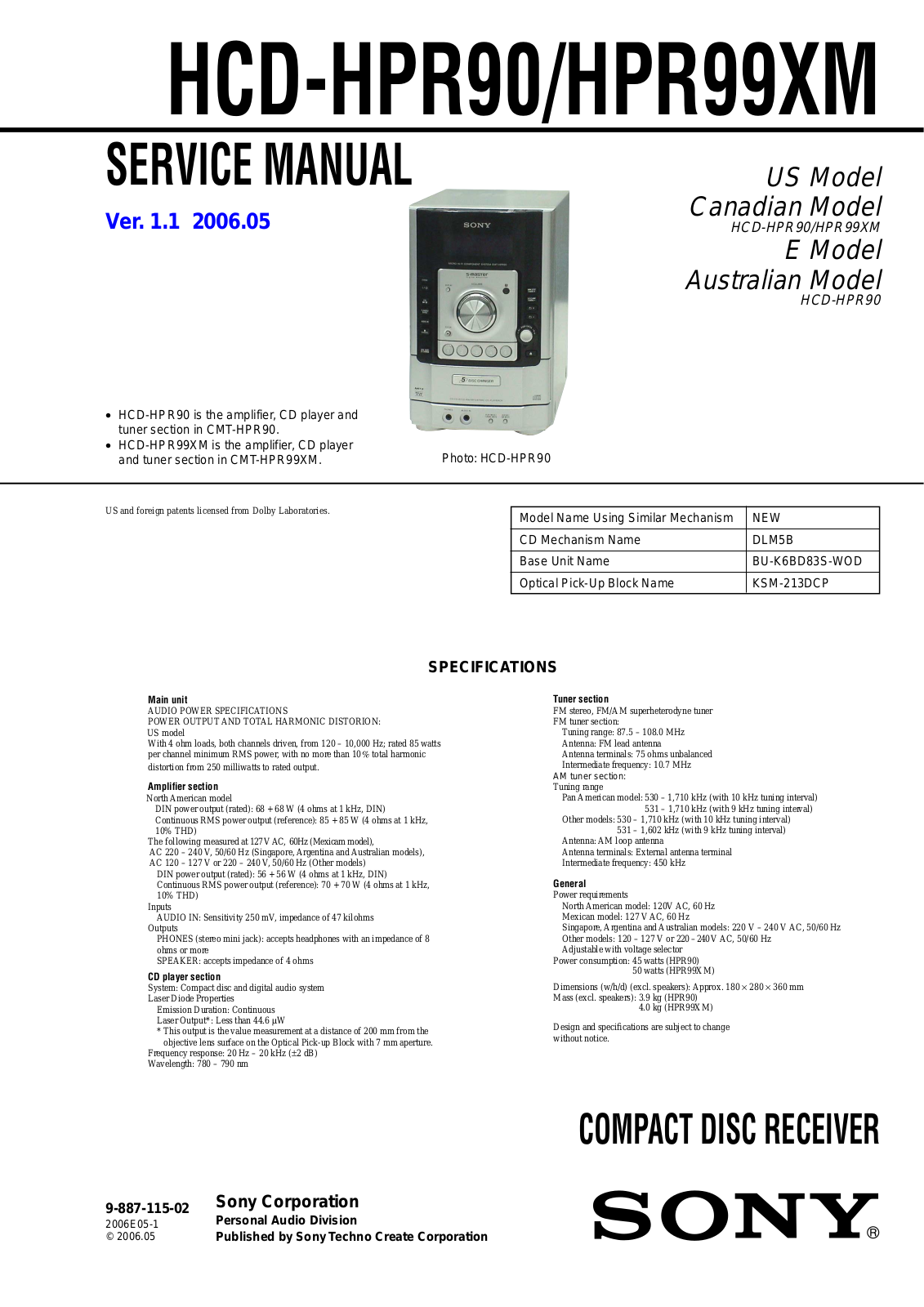 Sony HCD-HPR90, HCD-HPR99XM Service Manual