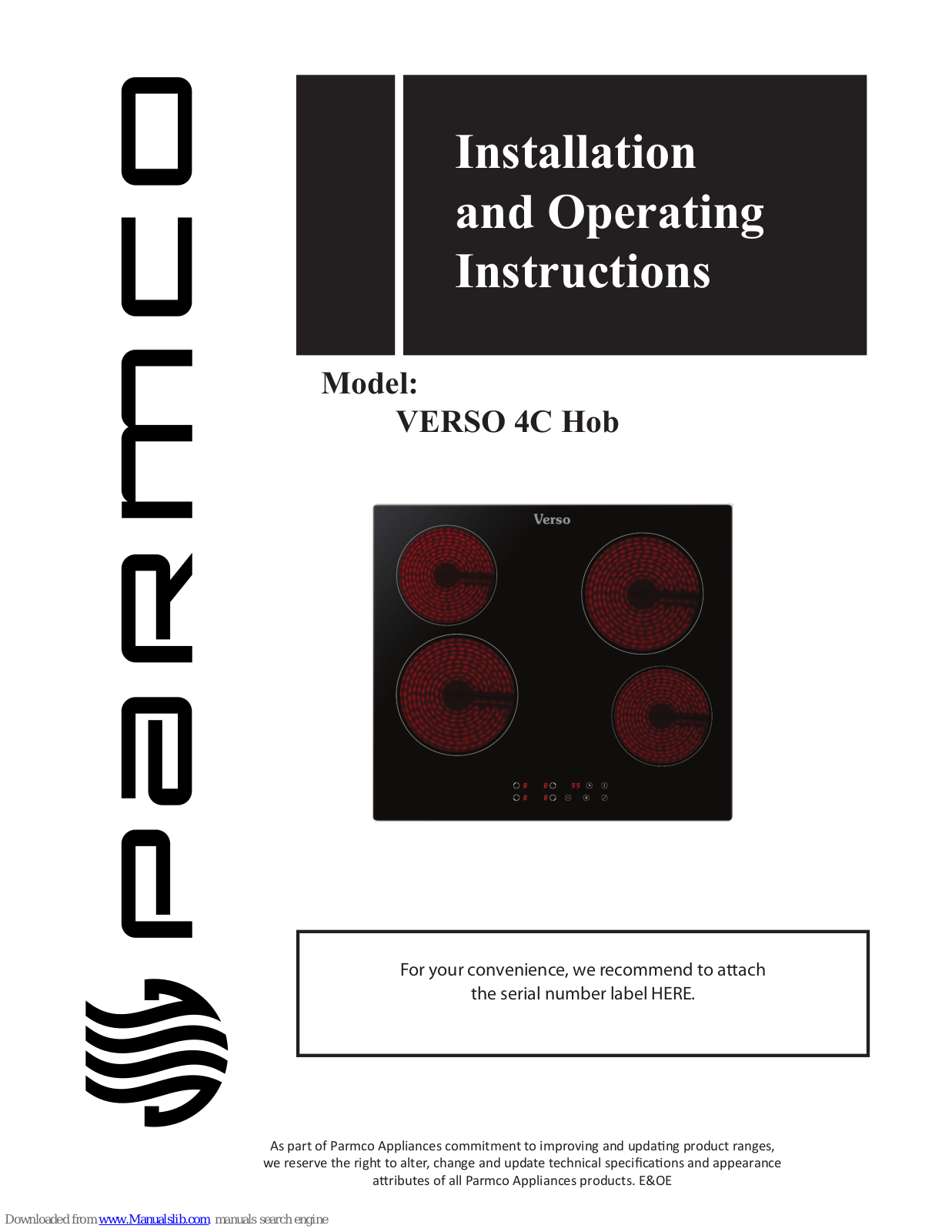 Parmco VERSO 4C Installation And Operating Instructions Manual