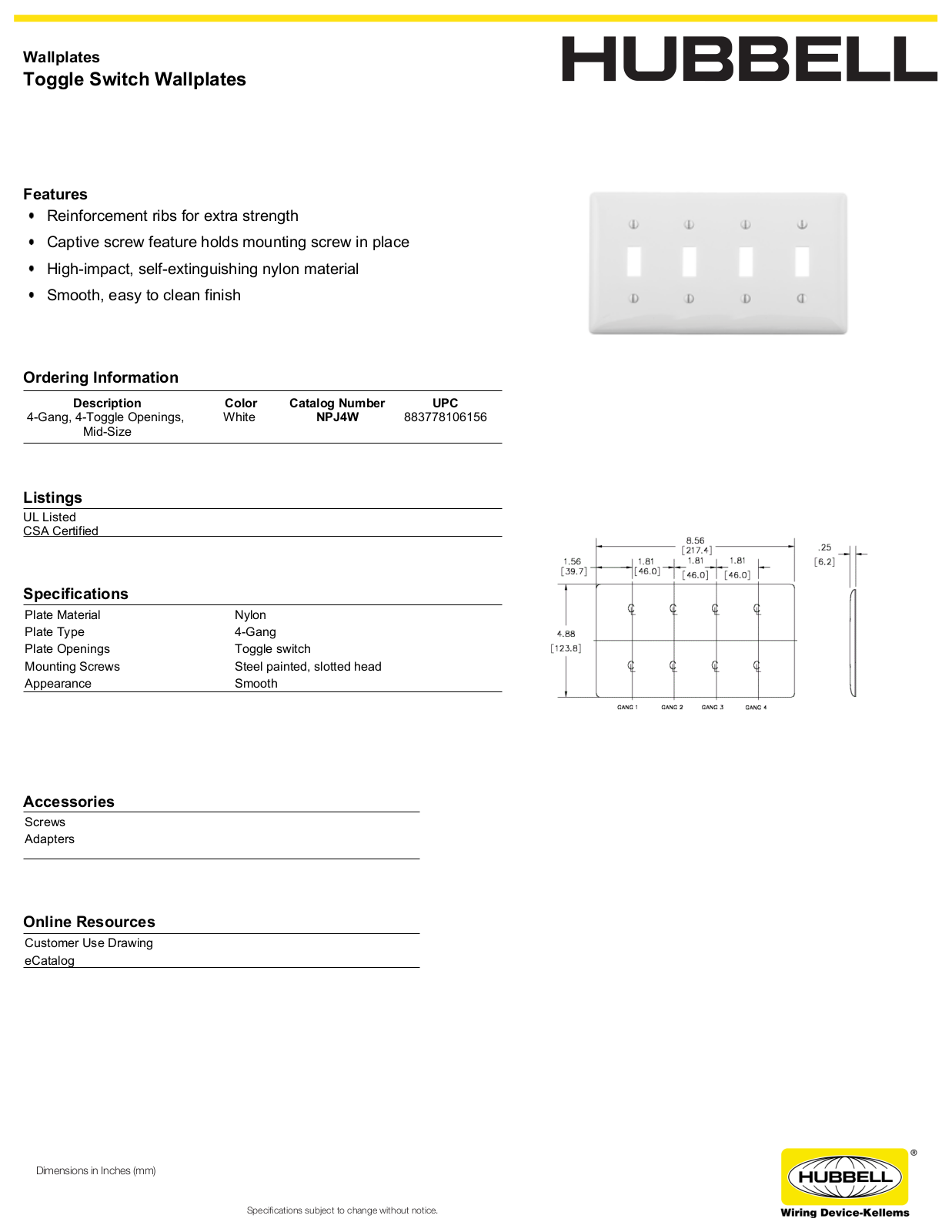 Hubbell NPJ4W Specifications