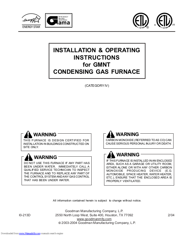 Goodman GMNT1004B, GMNT0804B Owner’s Manual