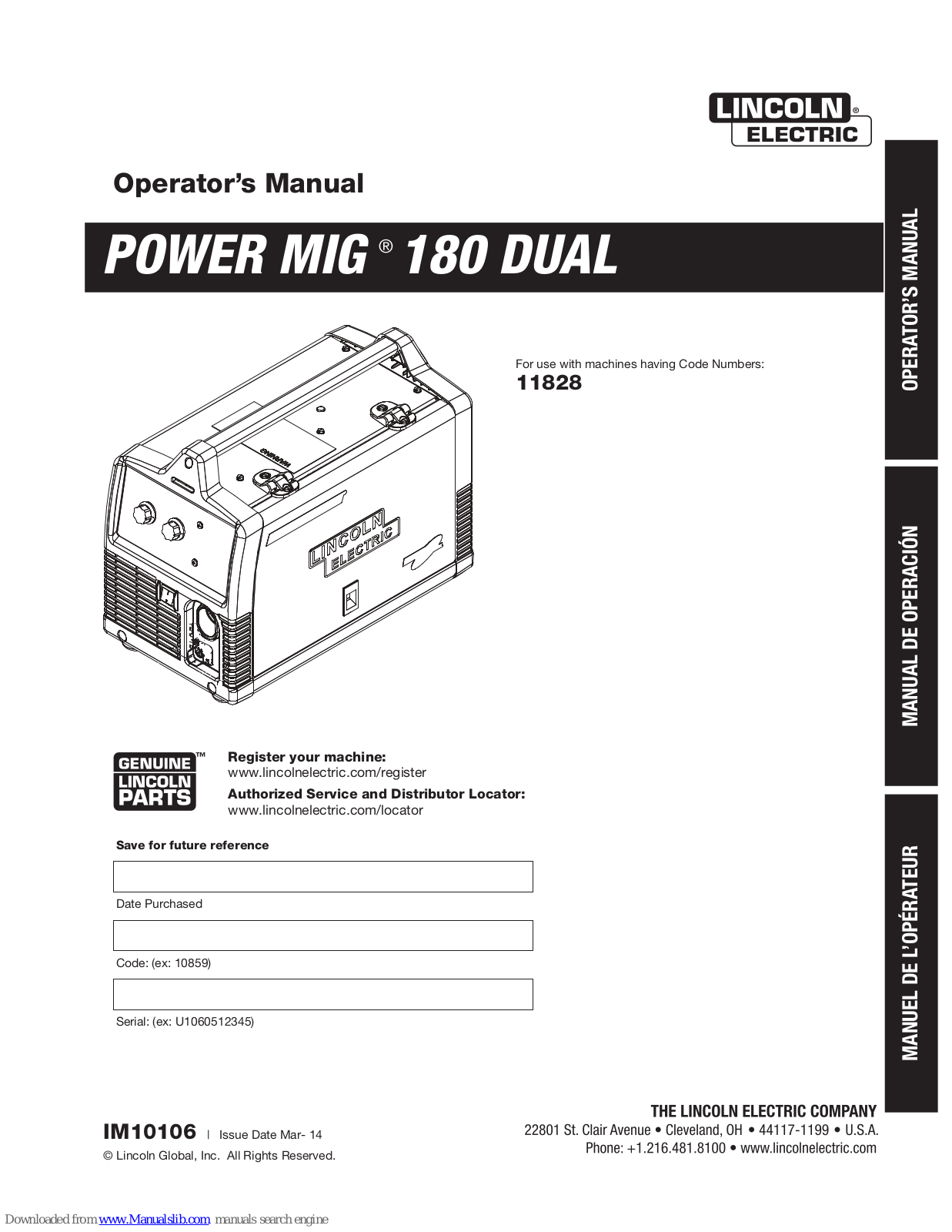 Lincoln Electric POWER MIG180 DUAL, 11828, POWER MIG 140, POWER MIG 180 Operator's Manual