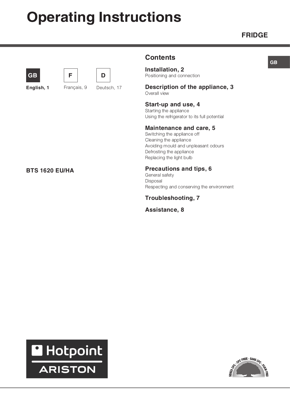 Hotpoint BTS 1620 EU/HA User Manual