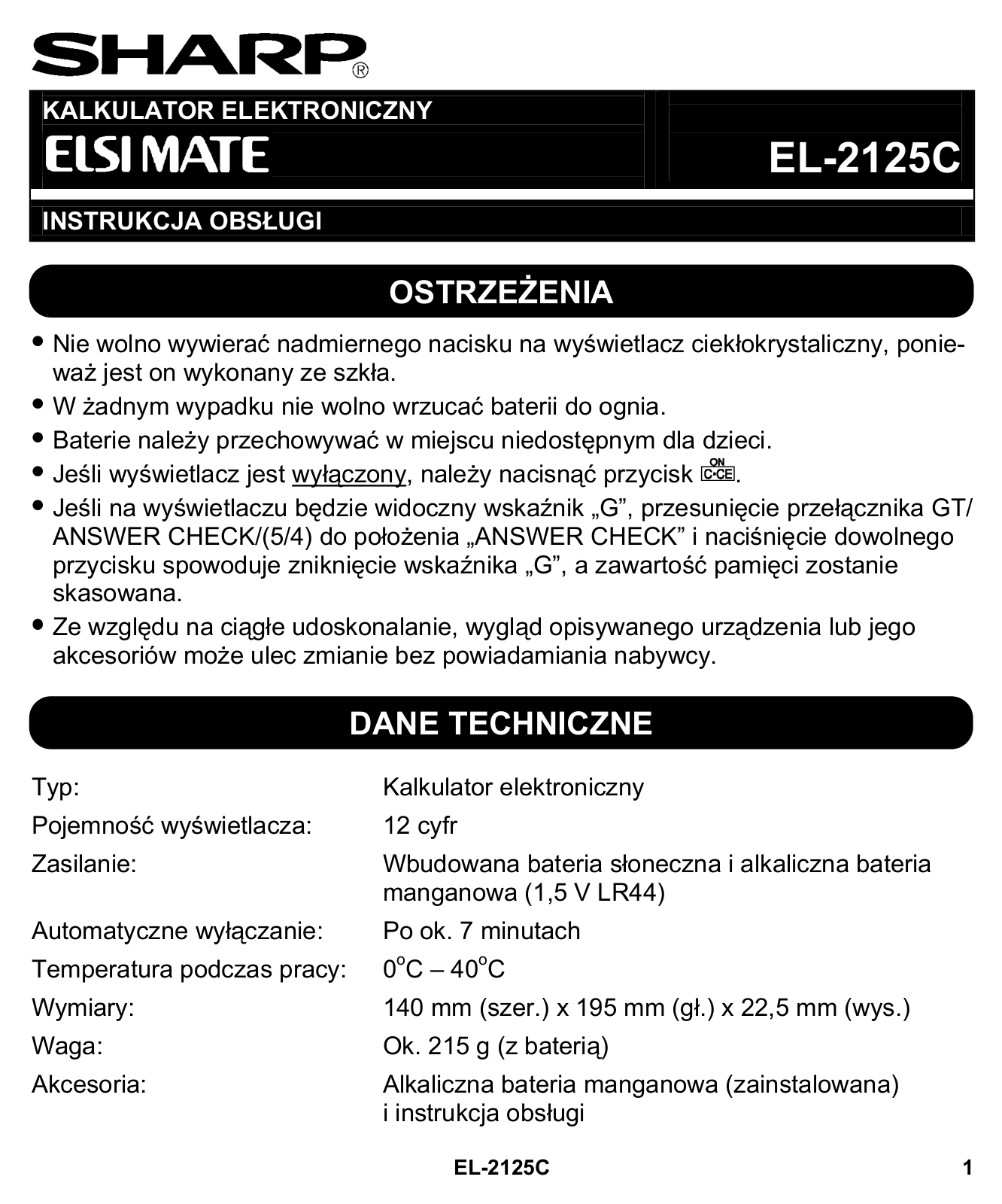 Sharp EL-2125C User Manual