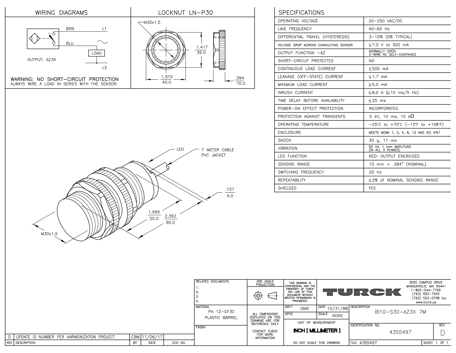 Turck BI10-S30-AZ3X7M Data Sheet