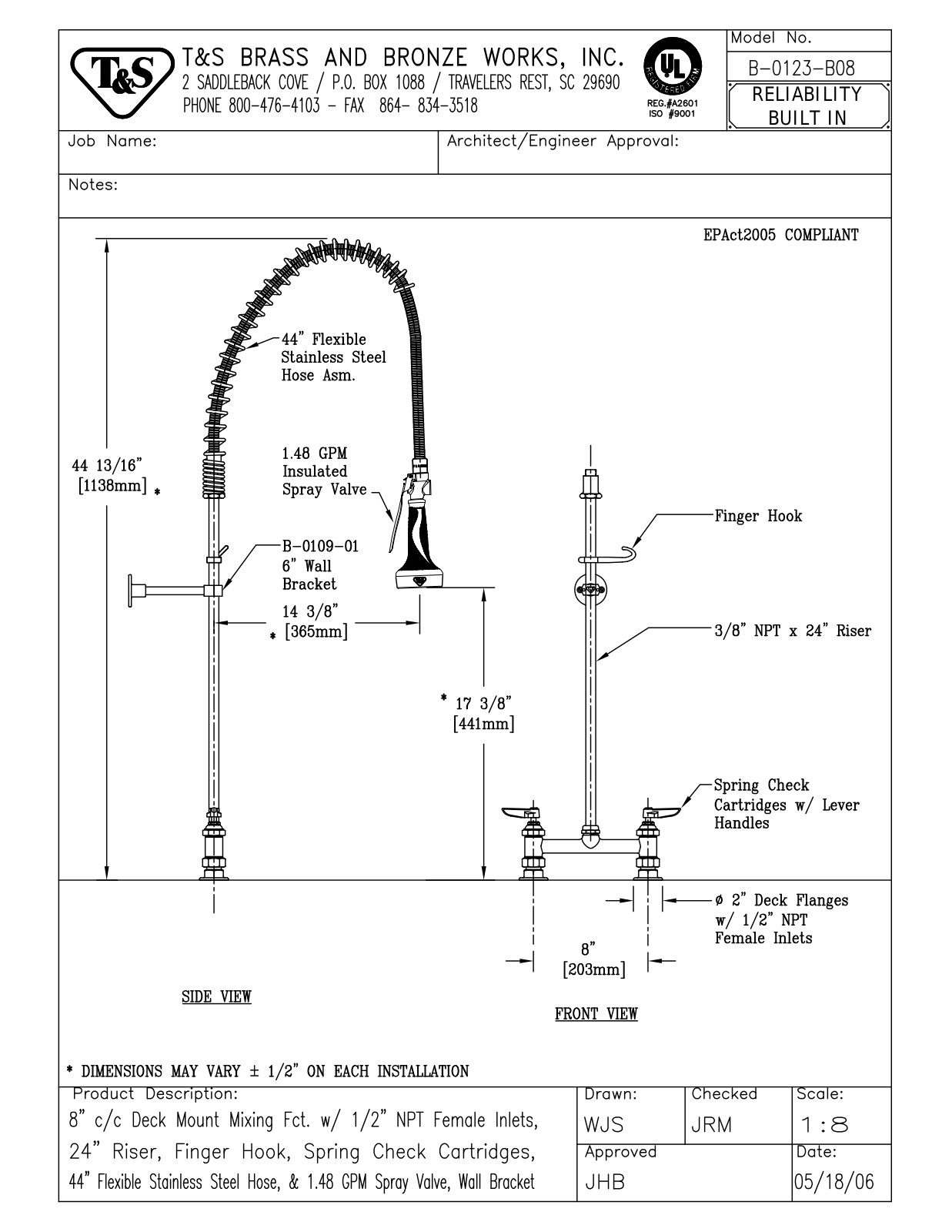 T&S Brass B-0123-B08 User Manual