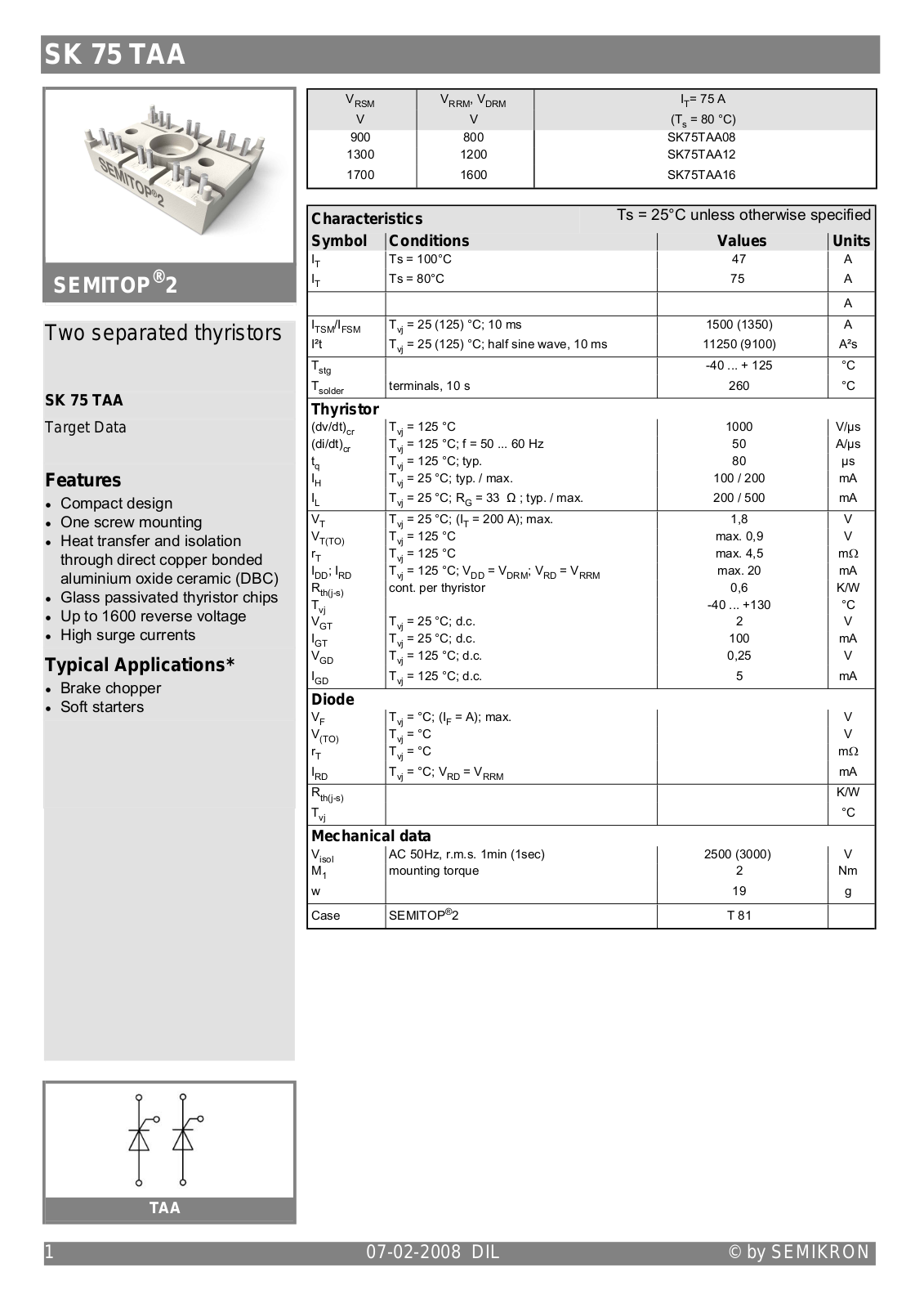 Semikron SK75TAA Data Sheet