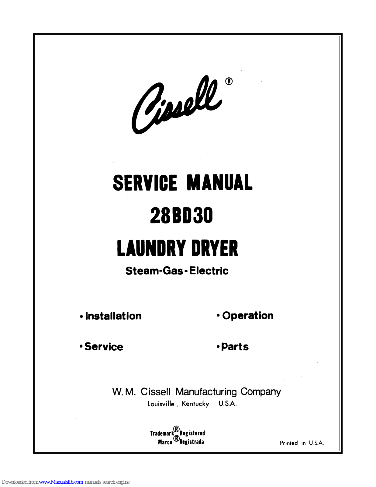 Cissell 28BD30 Serveice Manual