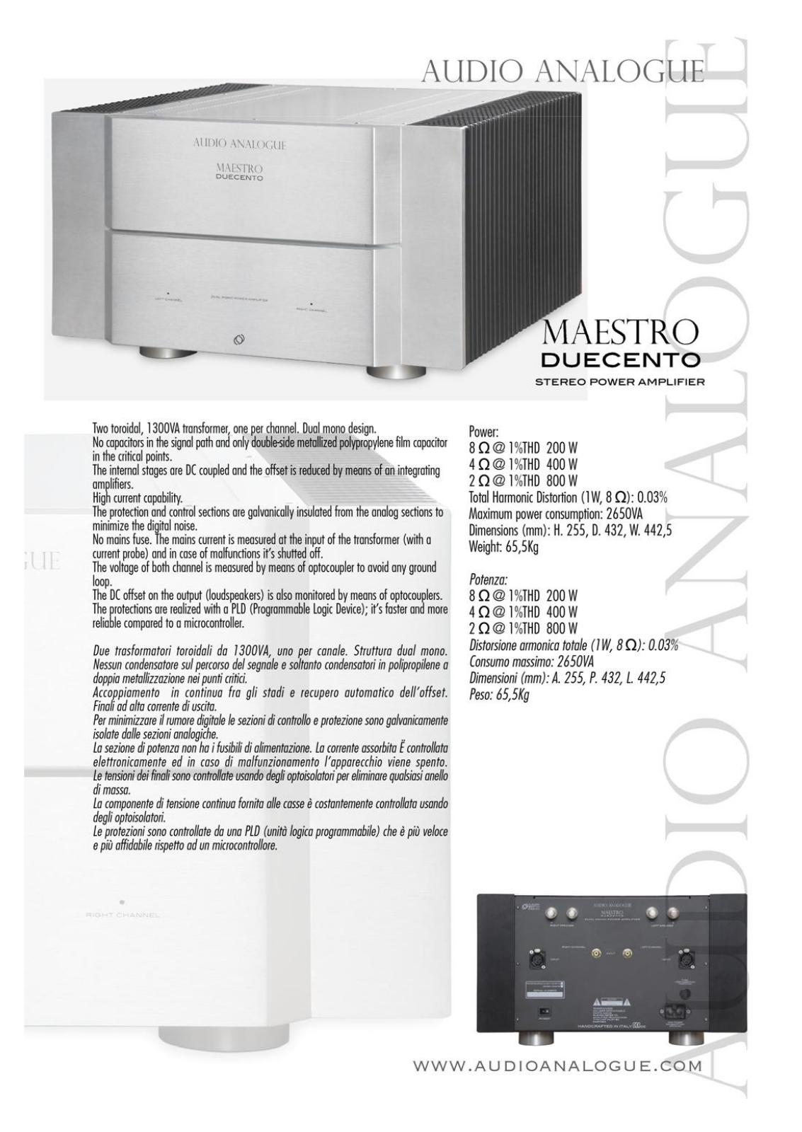 Audio Analogue SRL Maestro Duecento Stereo Power Amplifier User Manual