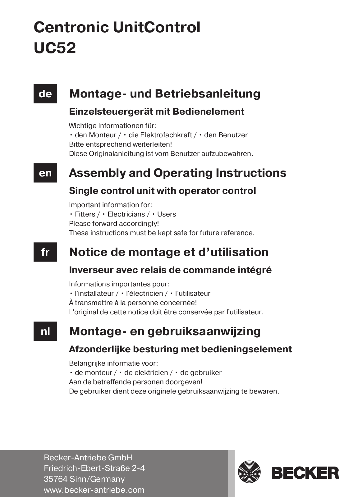 Becker Centronic UnitControl UC52 Assembly And Operating Instructions Manual