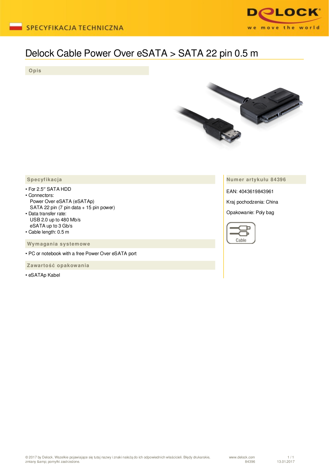 DeLOCK Power Over eSATA  eSATAp  to SATA cable 0.5m User Manual