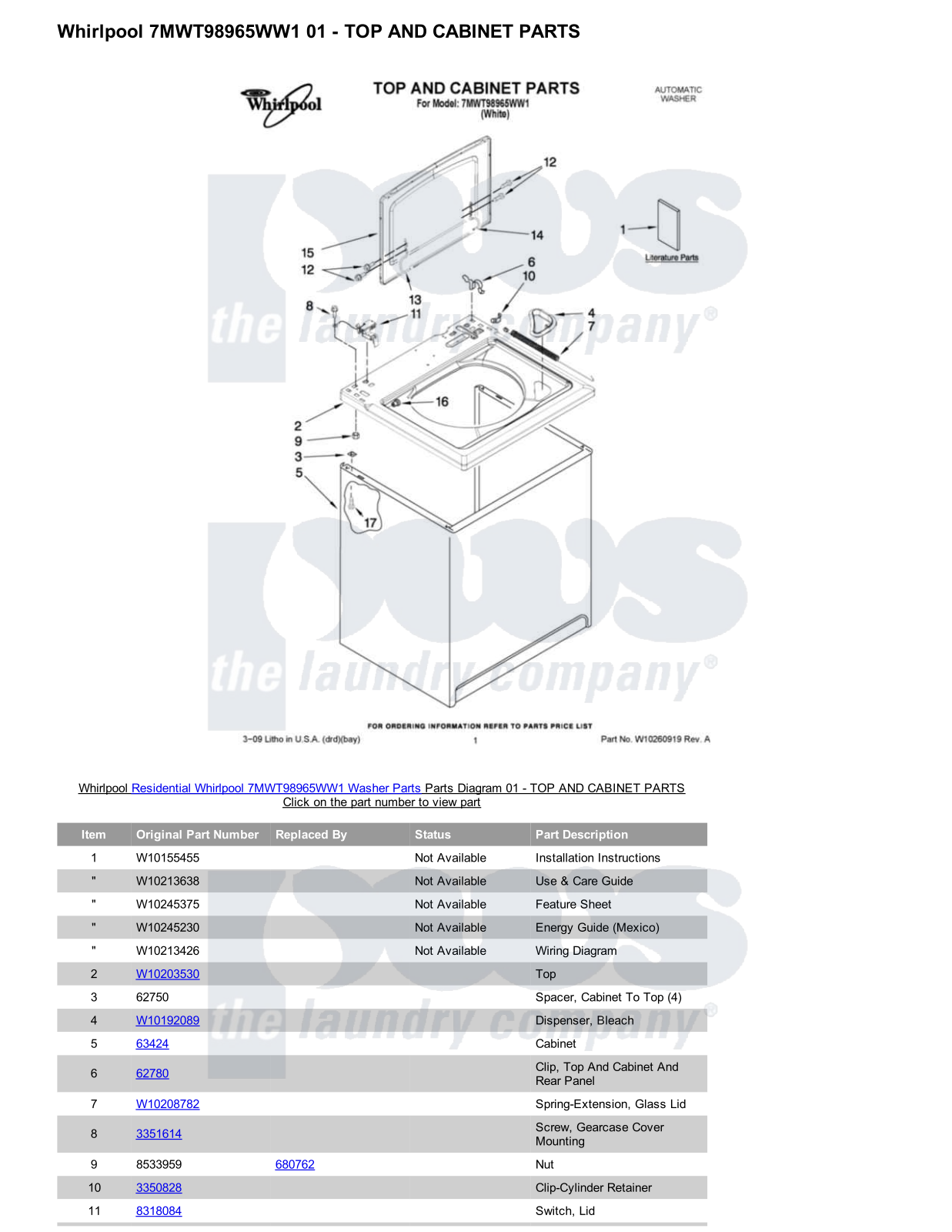 Whirlpool 7MWT98965WW1 Parts Diagram