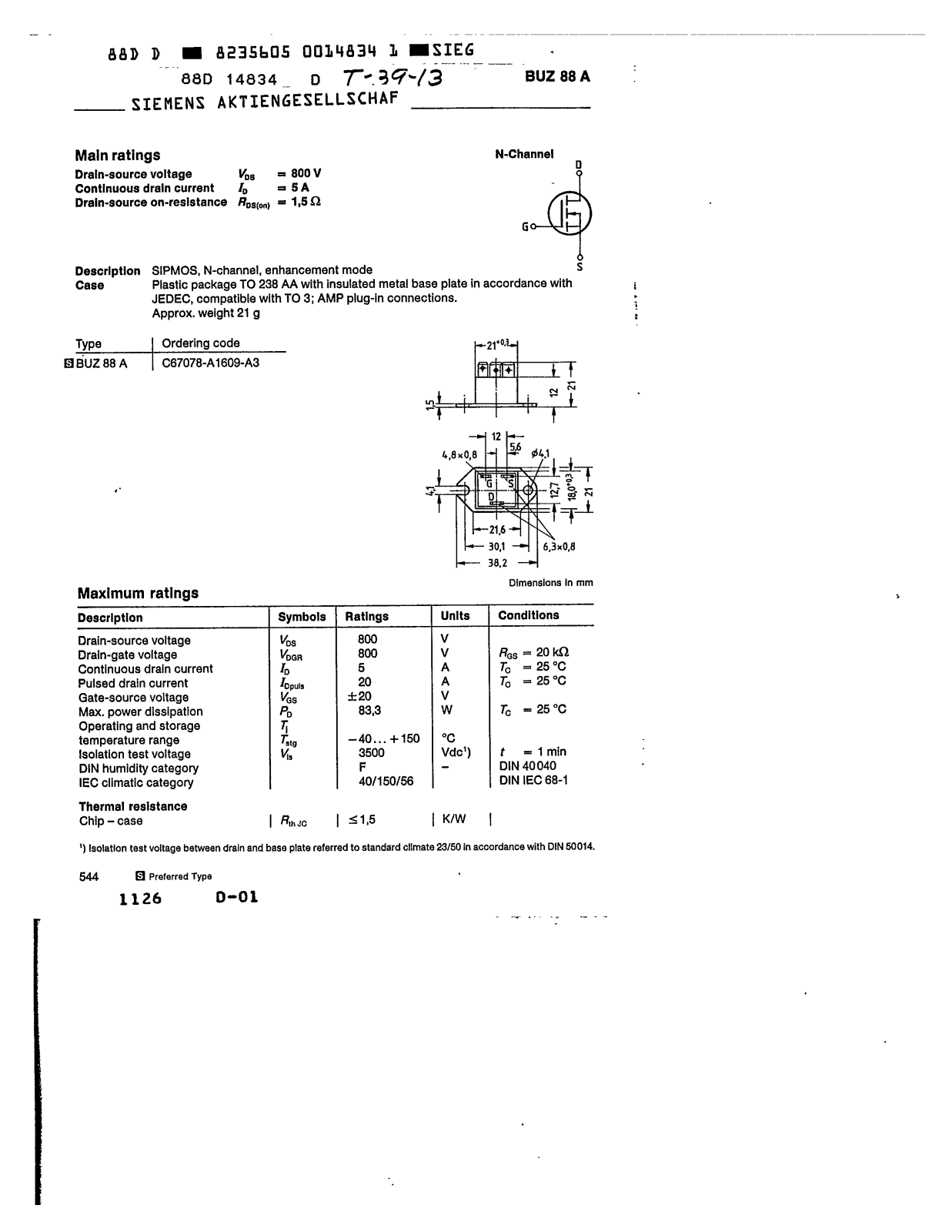 Siemens BUZ 88A Technical data