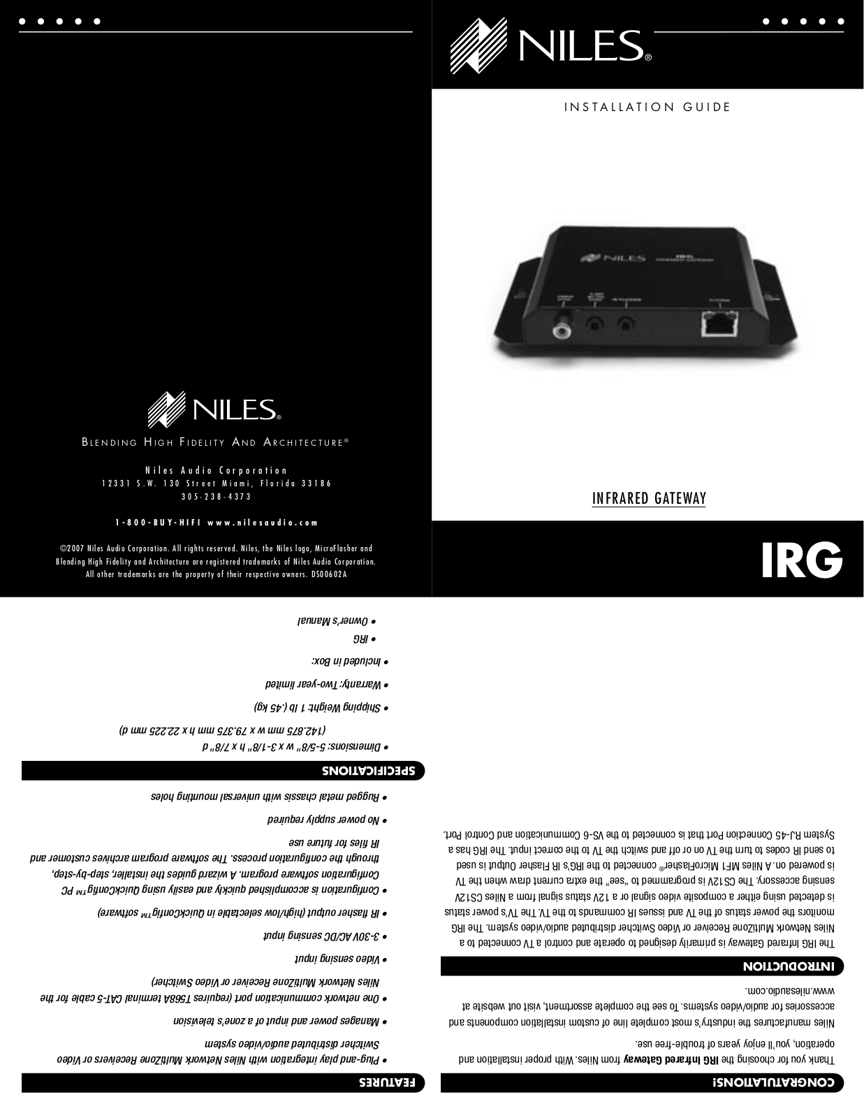 Niles IRG Owner's Manual