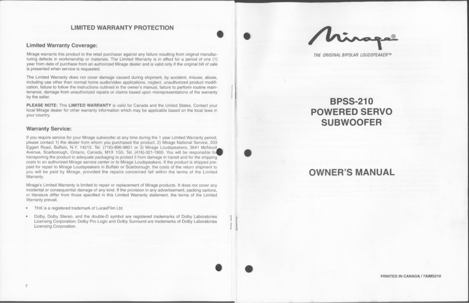 Mirage Speakers BPS210 User Manual