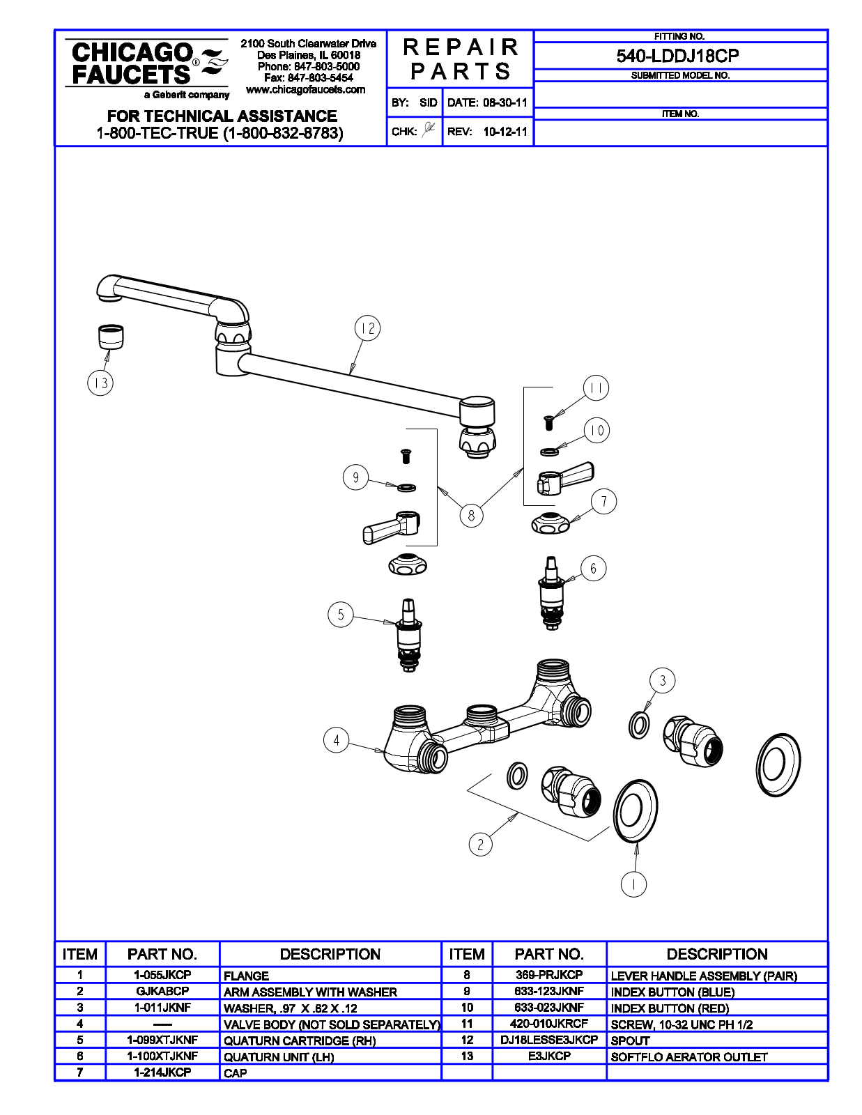 Chicago Faucet 540-LDDJ18CP Parts List