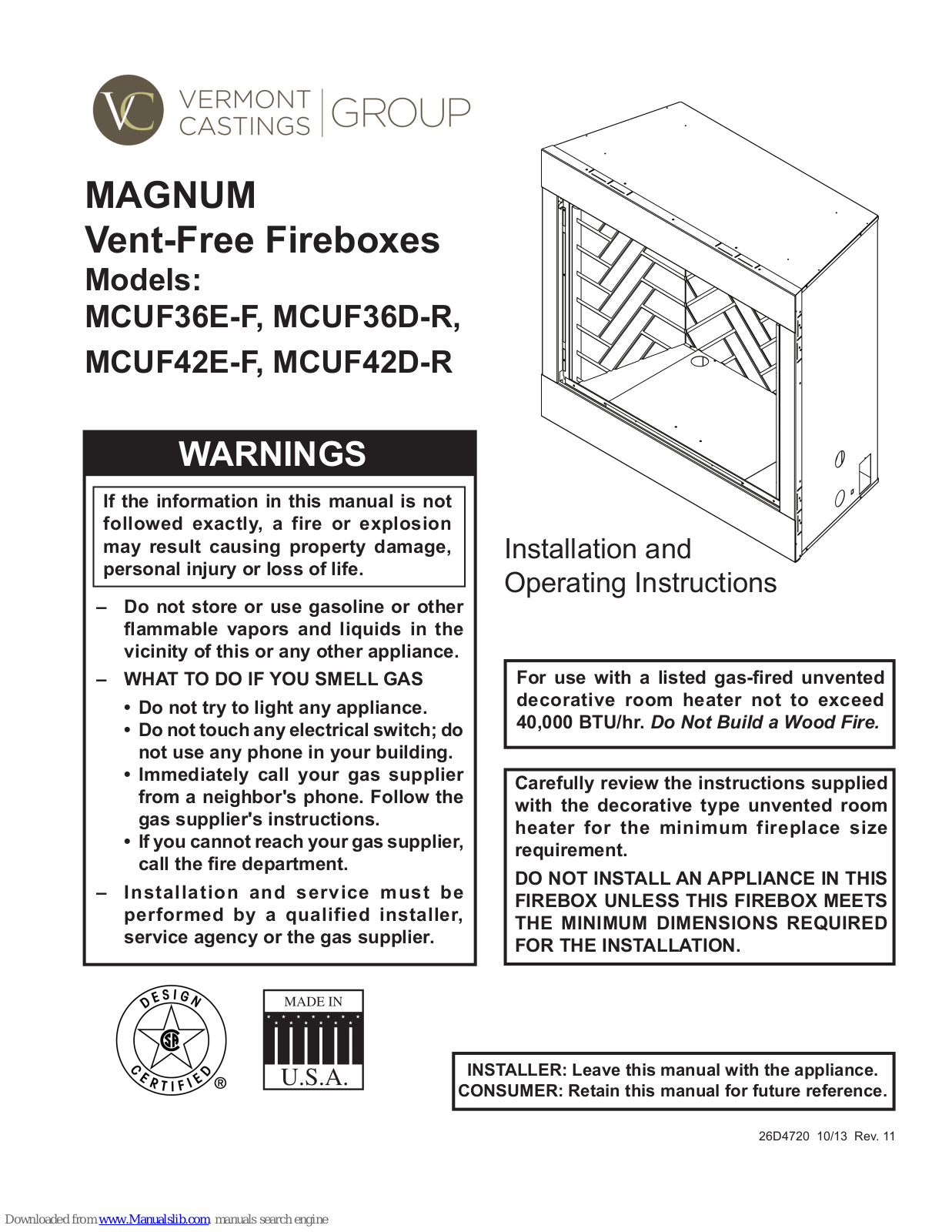 Vermont Castings MAGNUM MCUF36E-F, MAGNUM MCUF36D-R, MAGNUM MCUF42E-F, MAGNUM MCUF42D-R Installation And Operating Instructions Manual