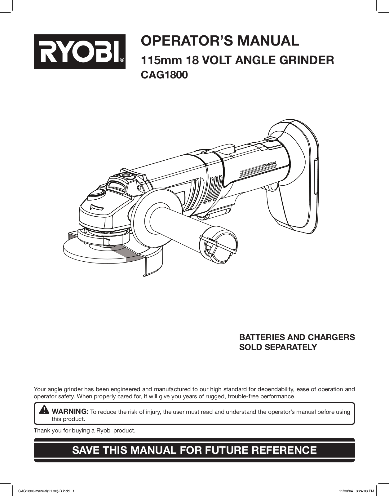 Ryobi 18V ONE ANGLE GRINDER CAG1800G User Manual