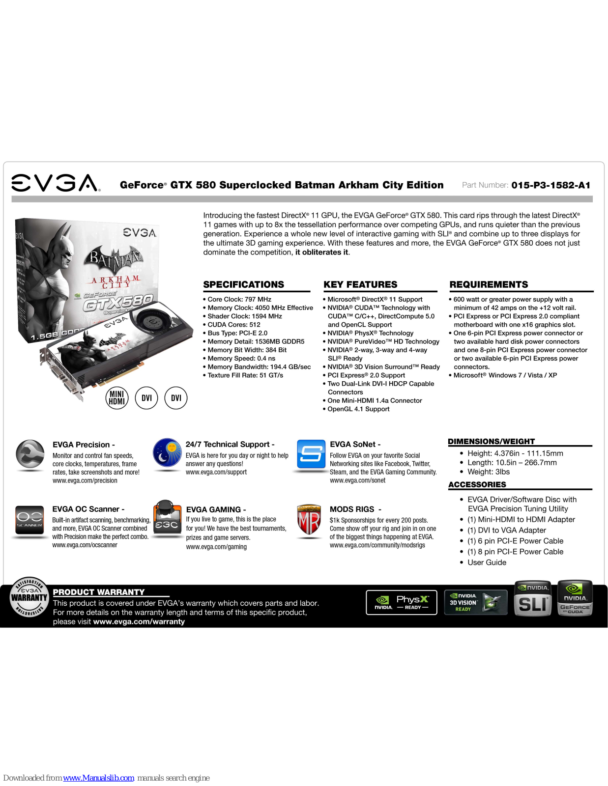 EVGA GeForce GTX 580 Batman: Arkham City Edition, GeForce GTX 580 Superclocked Batman Arkham City Edition, 015-P3-1582-A1 Specification - ManualMachine.com
