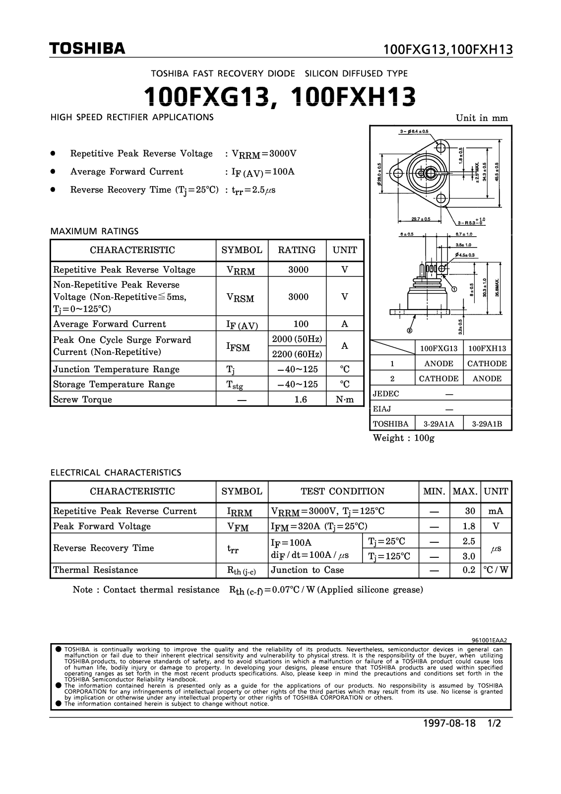 Toshiba 100FXG13 Datasheet