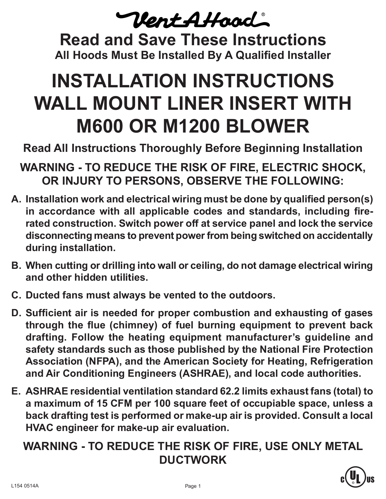 Vent-A-Hood M64PSLDSS Installation Manual