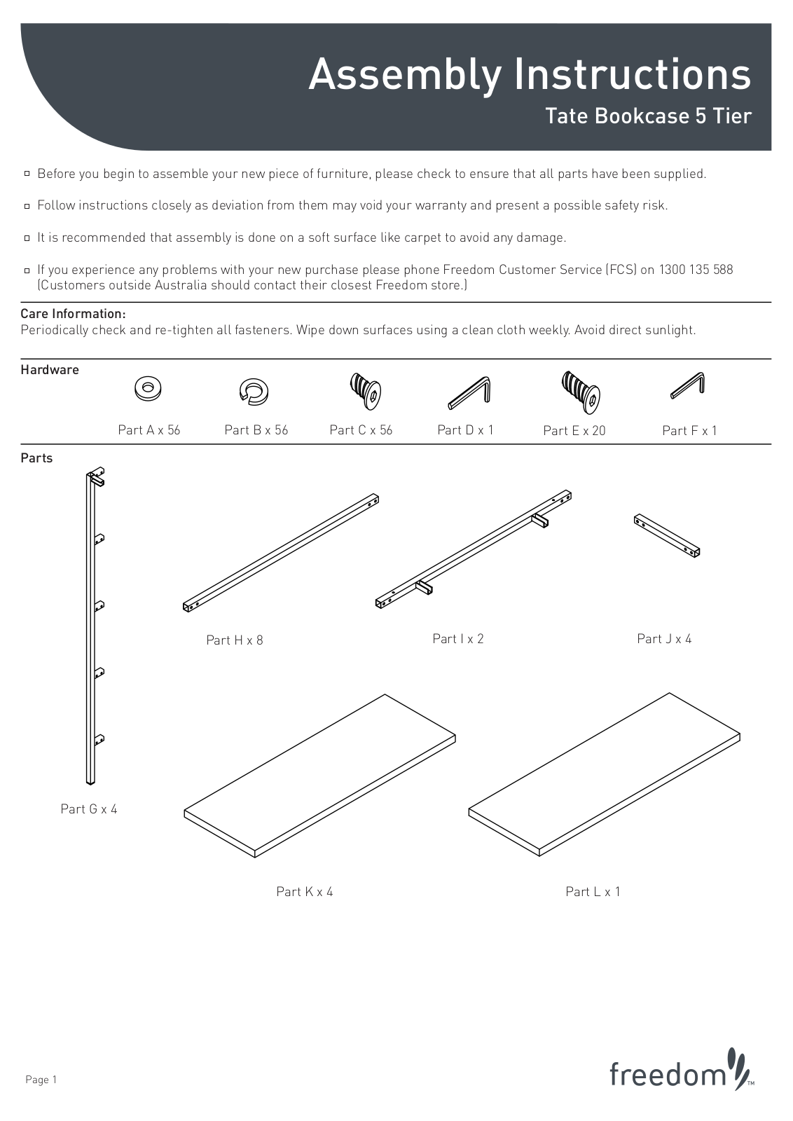 Freedom Tate Bookcase 5 Tier Assembly Instruction